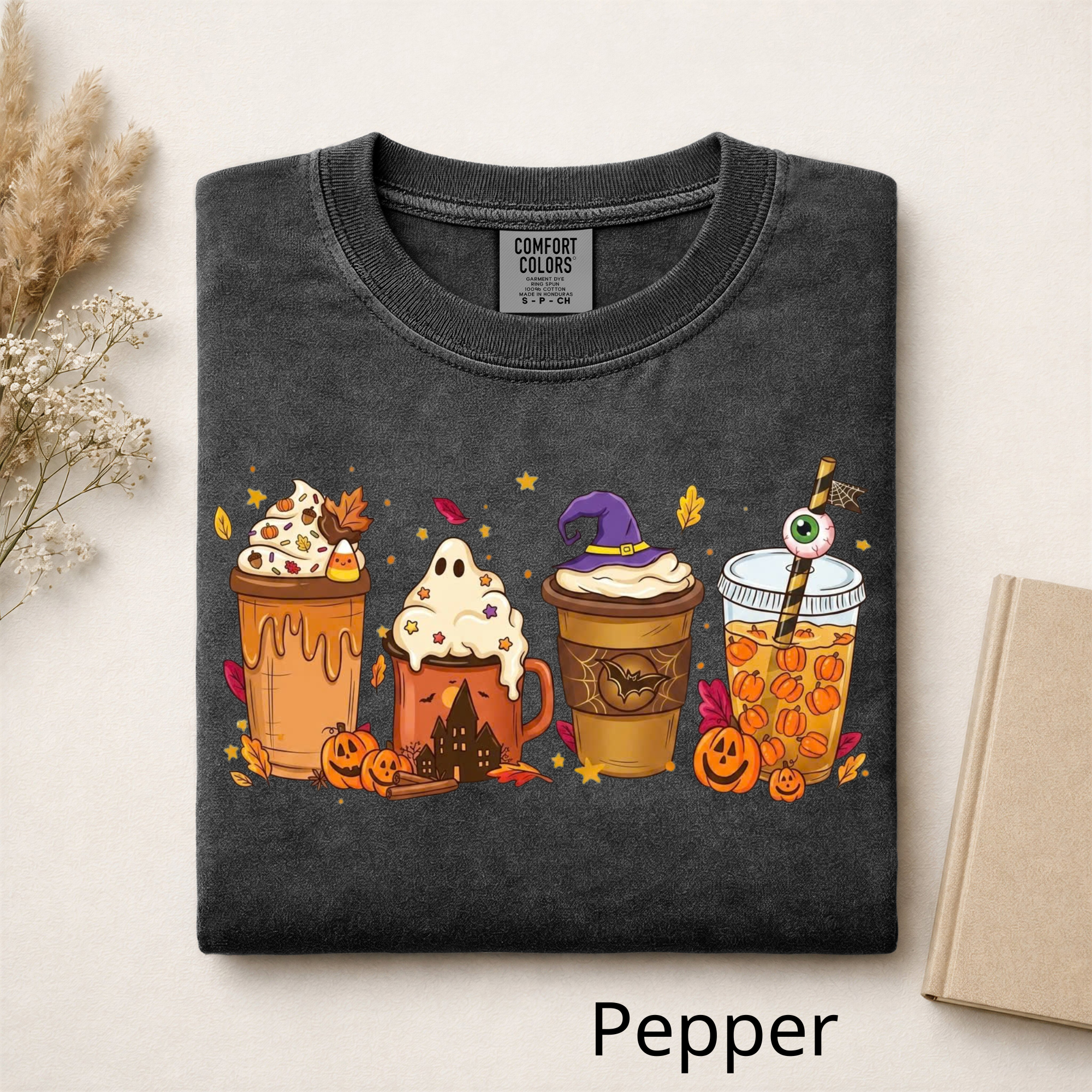 Fall Vibes Halloween Drinks Graphic Tee, Iced Coffee Ghost Shirt, Cozy Autumn Season Shirt, Funny Coffee Lover Gift