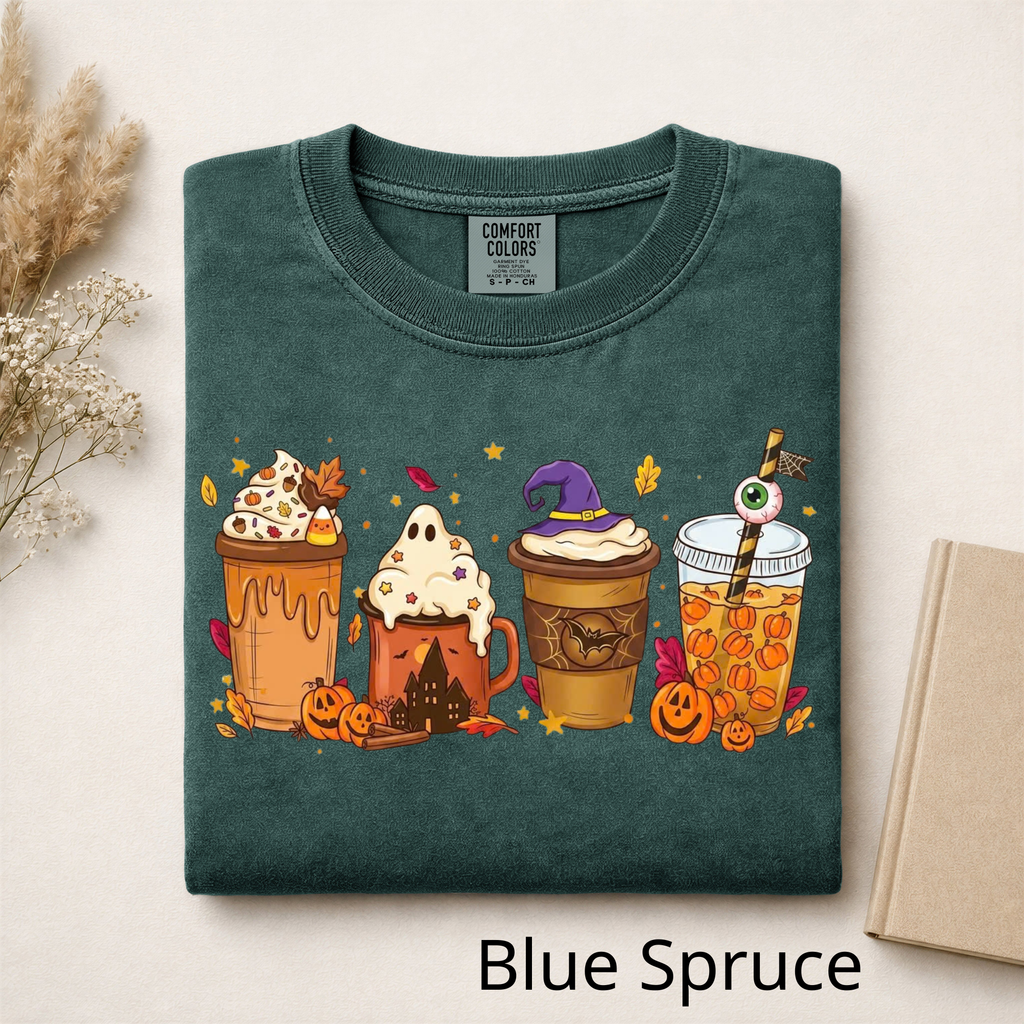 Fall Vibes Halloween Drinks Graphic Tee, Iced Coffee Ghost Shirt, Cozy Autumn Season Shirt, Funny Coffee Lover Gift
