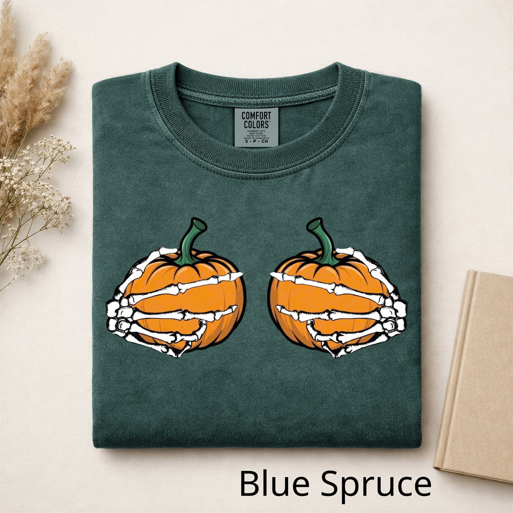 Spooky Season Pumpkin T-Shirt, Skeleton Hands Holding Pumpkins Graphic Tee, Cute Halloween Comfort Colors Shirt