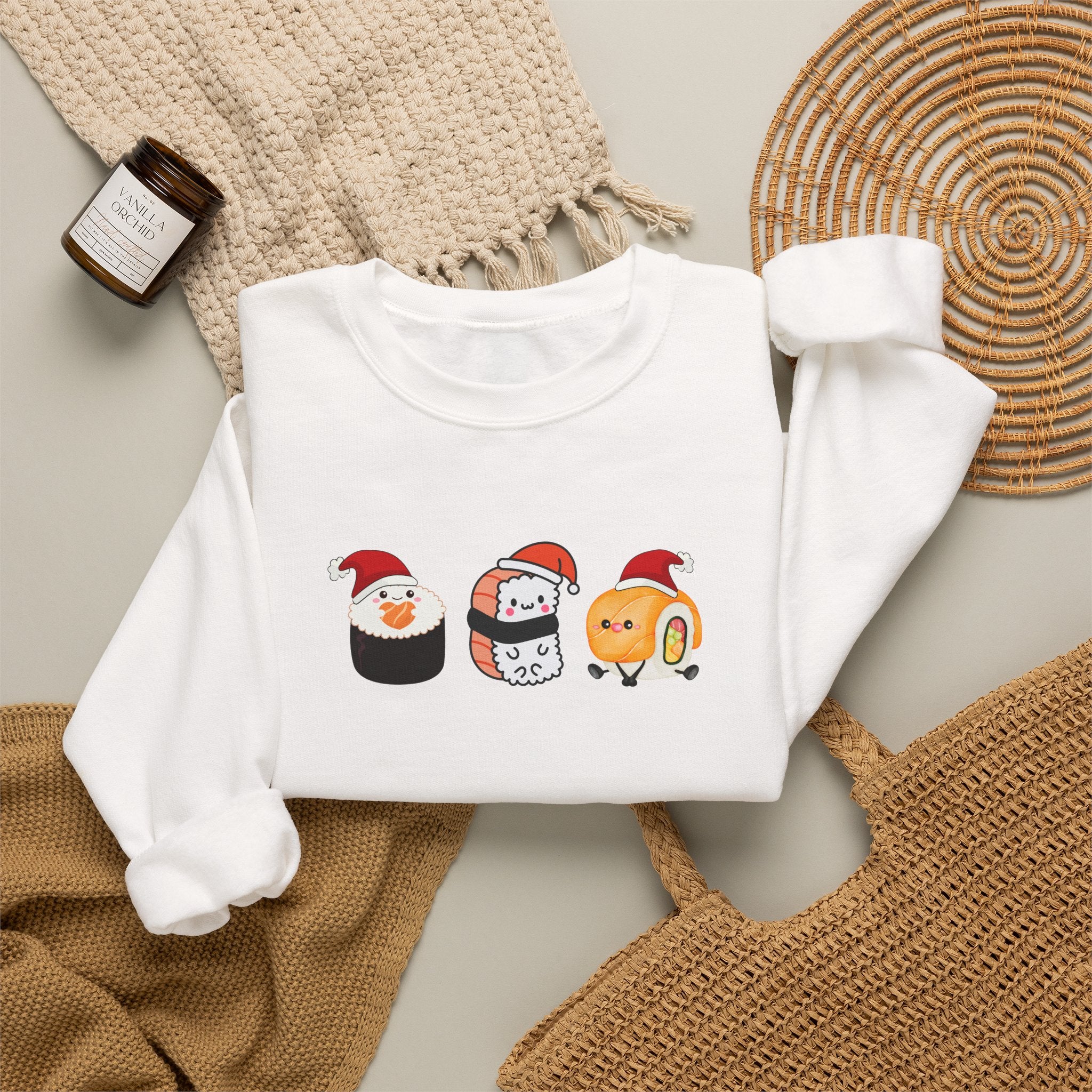 Holiday Sushi Crewneck Sweatshirt — Cute Santa Sushi Trio Christmas Sweatshirt