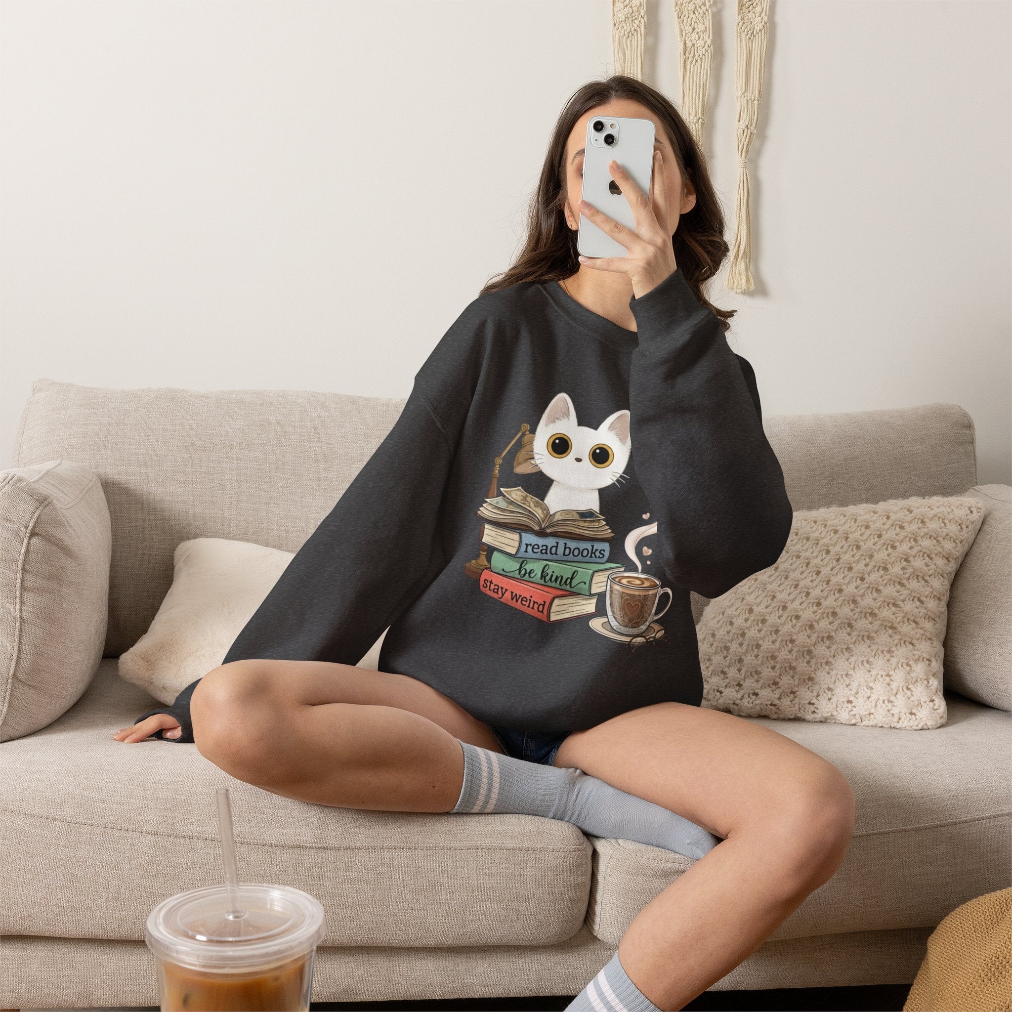 Cat & Books Crewneck — "Read Books, Be Kind, Stay Weird" Cozy Booklover Sweatshirt
