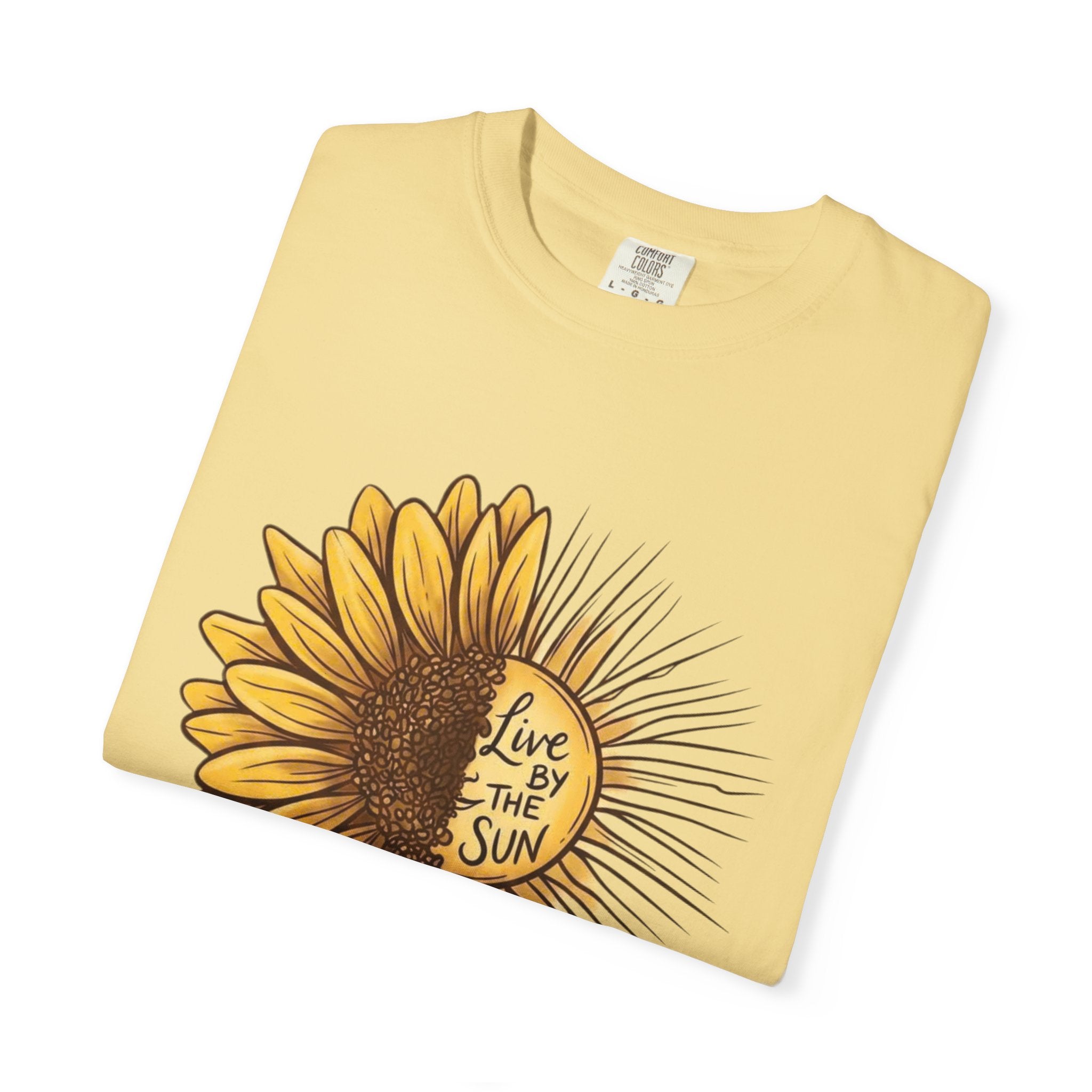 Boho Sunflower Sun Shirt, Inspirational Quote Graphic Tee, Live by the Sun Floral T-Shirt, Aesthetic Sunbeams Comfort Tee