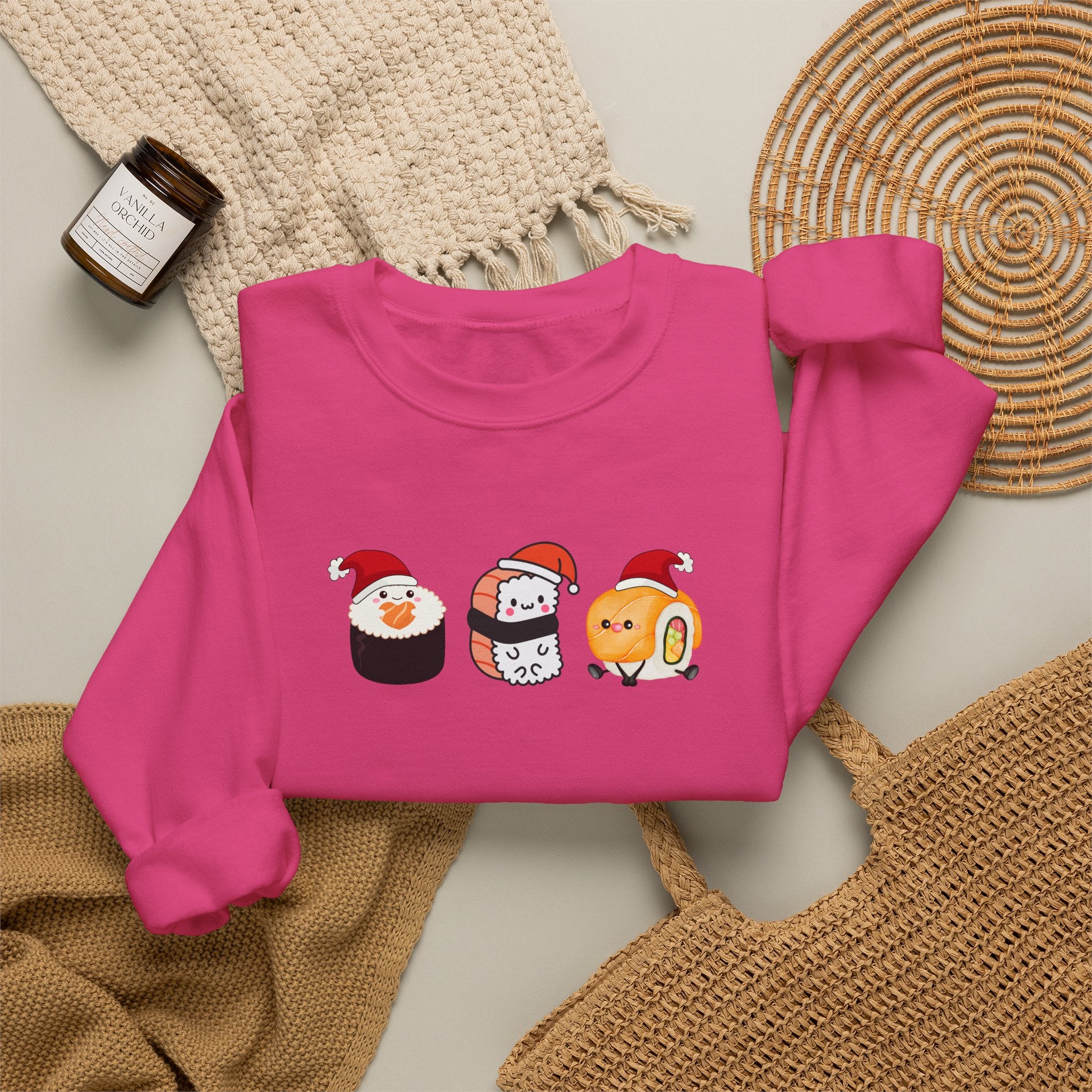 Holiday Sushi Crewneck Sweatshirt — Cute Santa Sushi Trio Christmas Sweatshirt
