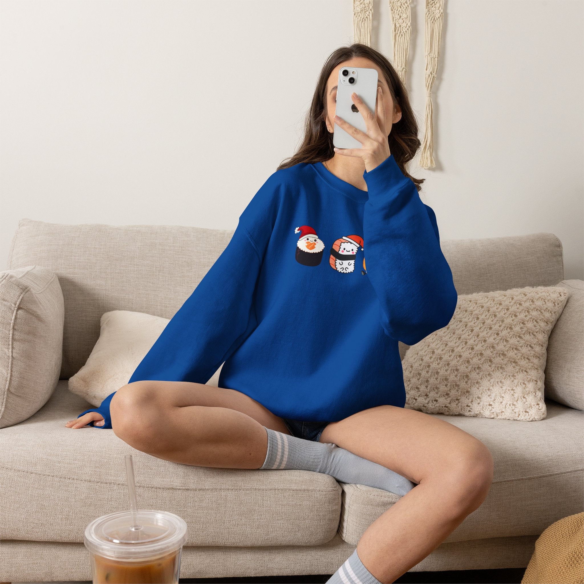 Holiday Sushi Crewneck Sweatshirt — Cute Santa Sushi Trio Christmas Sweatshirt