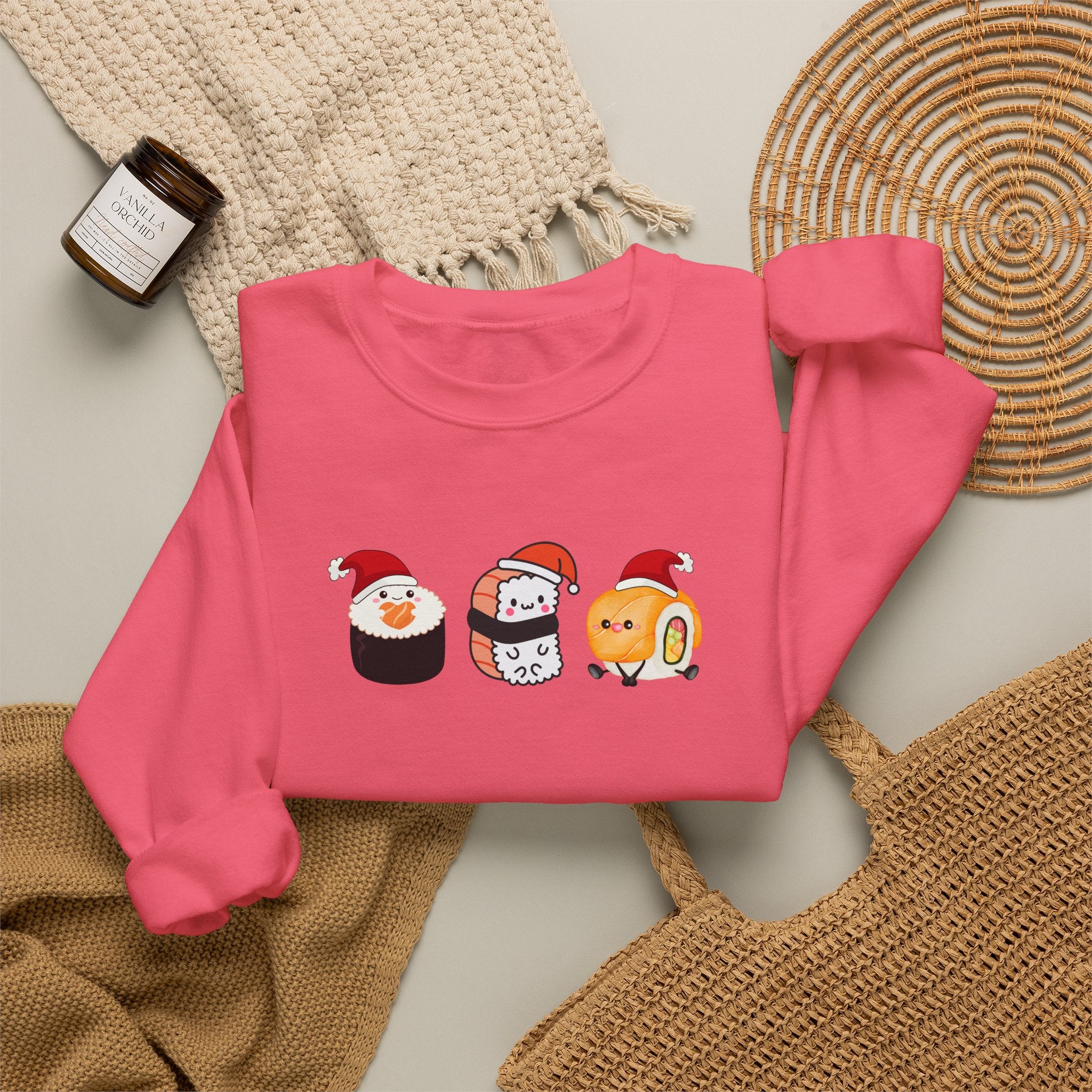 Holiday Sushi Crewneck Sweatshirt — Cute Santa Sushi Trio Christmas Sweatshirt