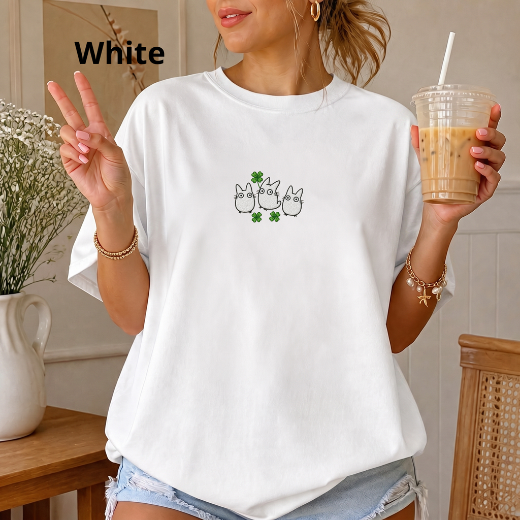 Lucky Forest Spirit Embroidered Illustration Four Leaf Clover T-Shirt | Nature Spirit Art