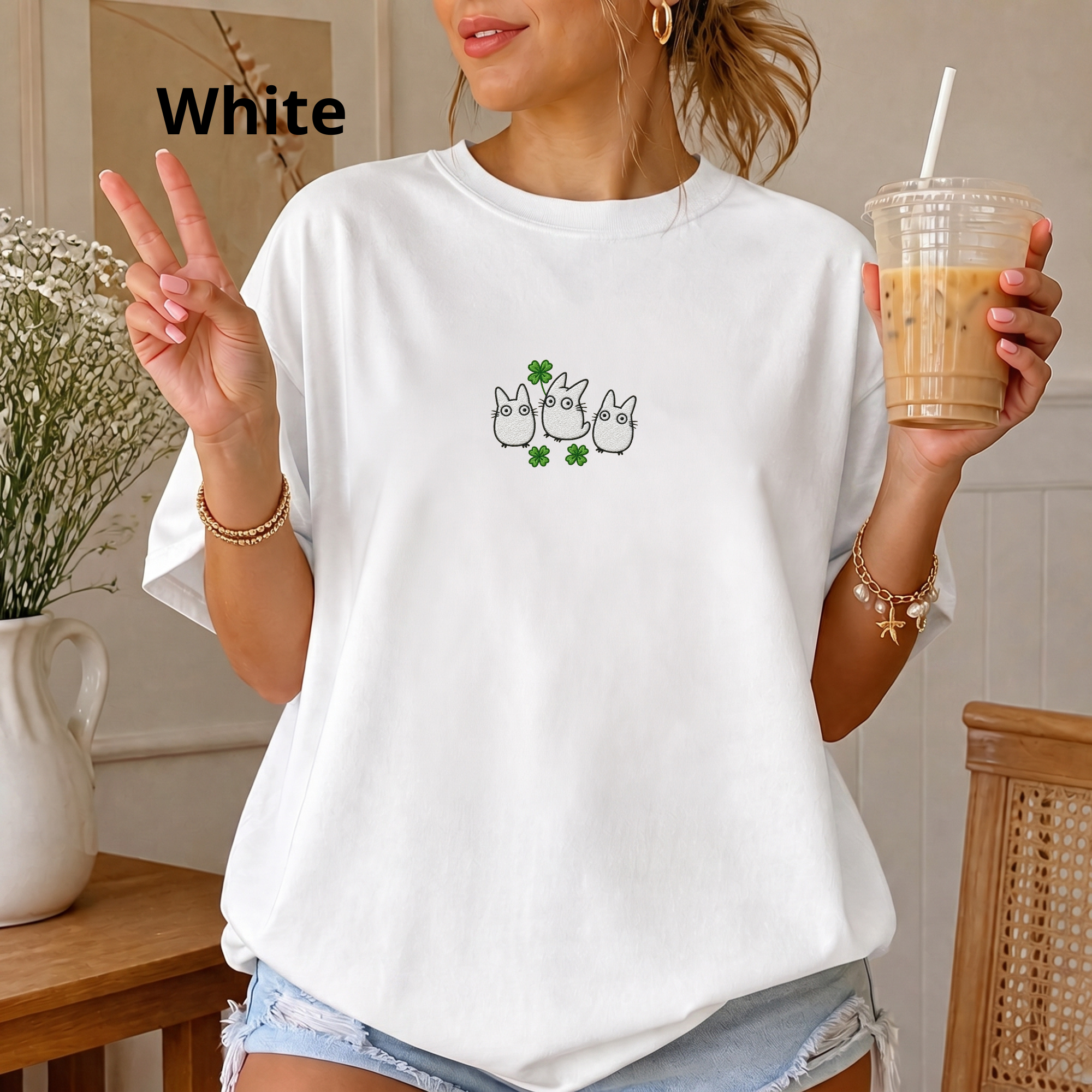 Lucky Forest Spirit Embroidered Illustration Four Leaf Clover T-Shirt | Nature Spirit Art
