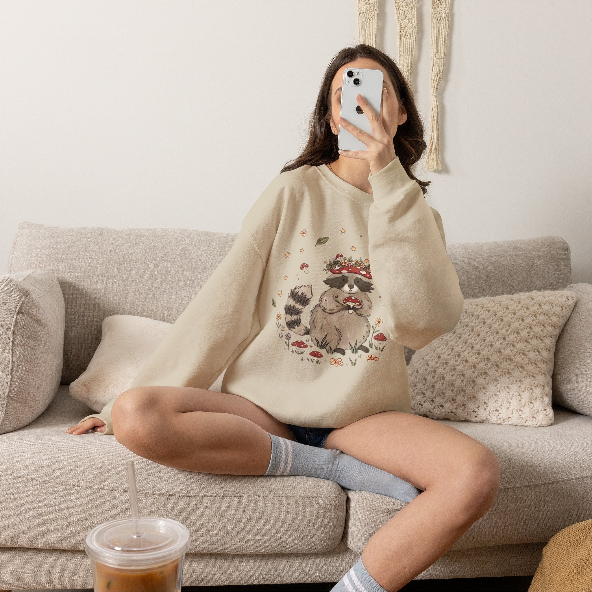 Cute Raccoon with Mushroom Crown Sweatshirt - Cottagecore Forest Animal Tee