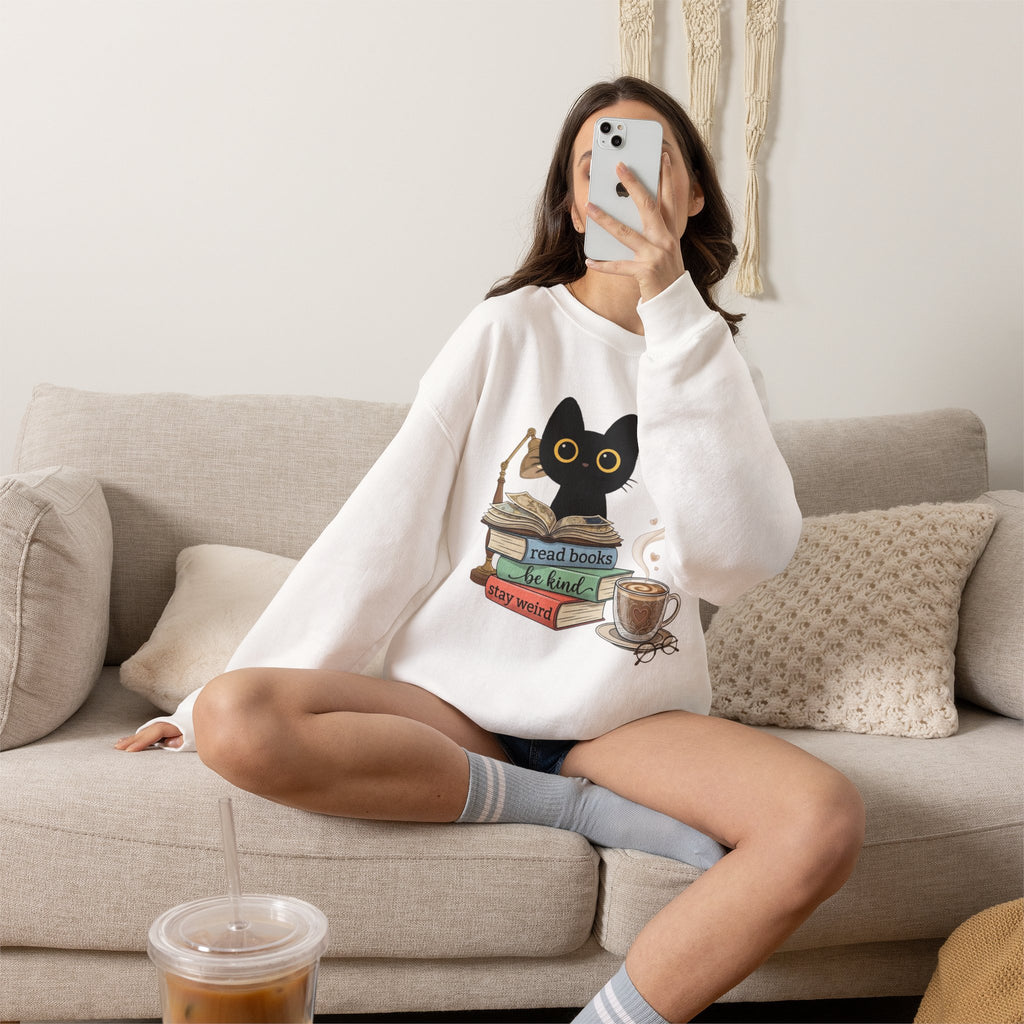 Cat & Books Crewneck — "Read Books, Be Kind, Stay Weird" Cozy Booklover Sweatshirt