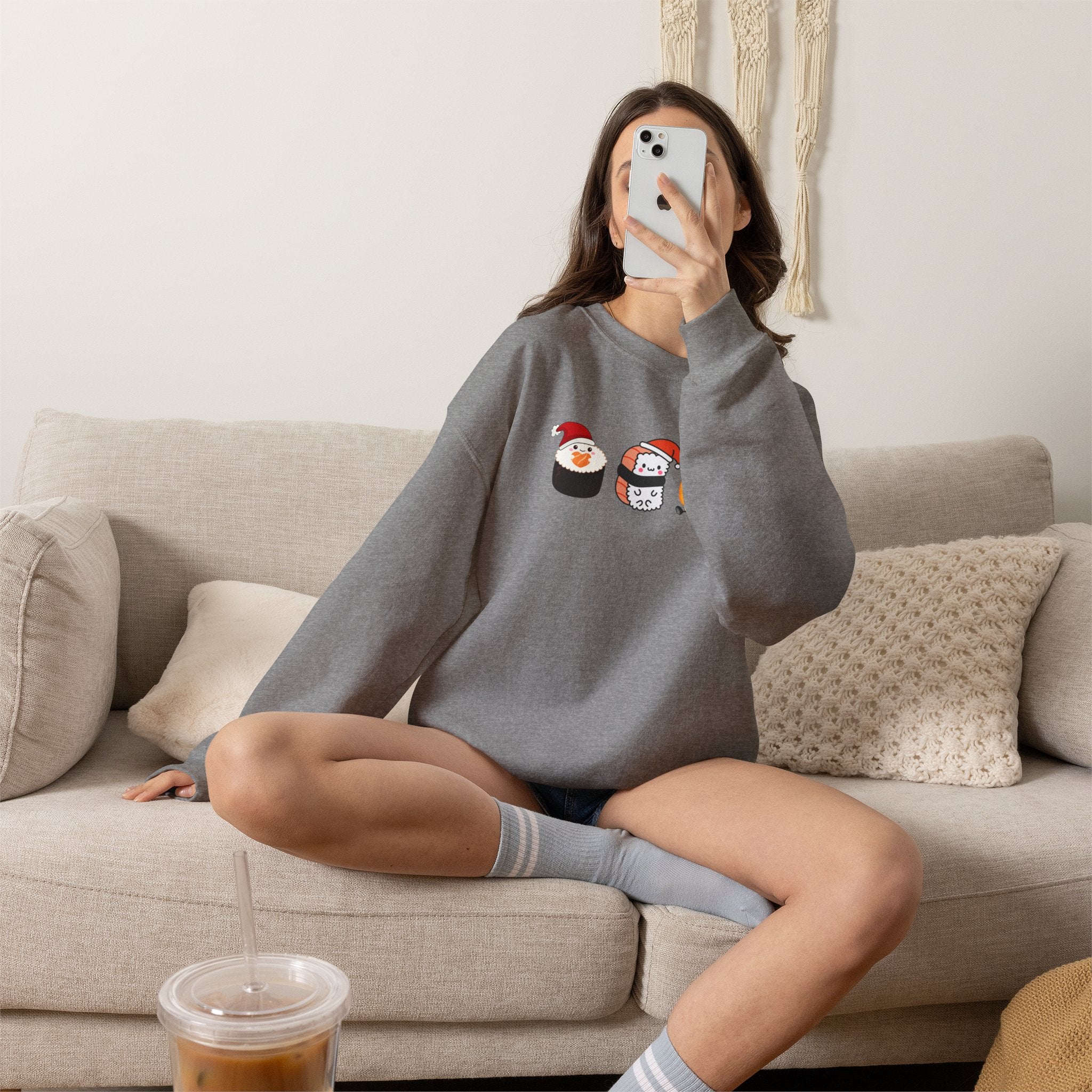 Holiday Sushi Crewneck Sweatshirt — Cute Santa Sushi Trio Christmas Sweatshirt
