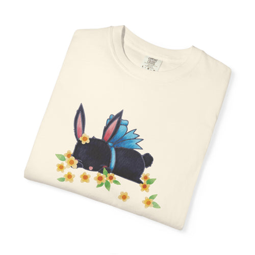 Bunny Bouquet T‑Shirt — Sleeping Black Bunny with Flowers