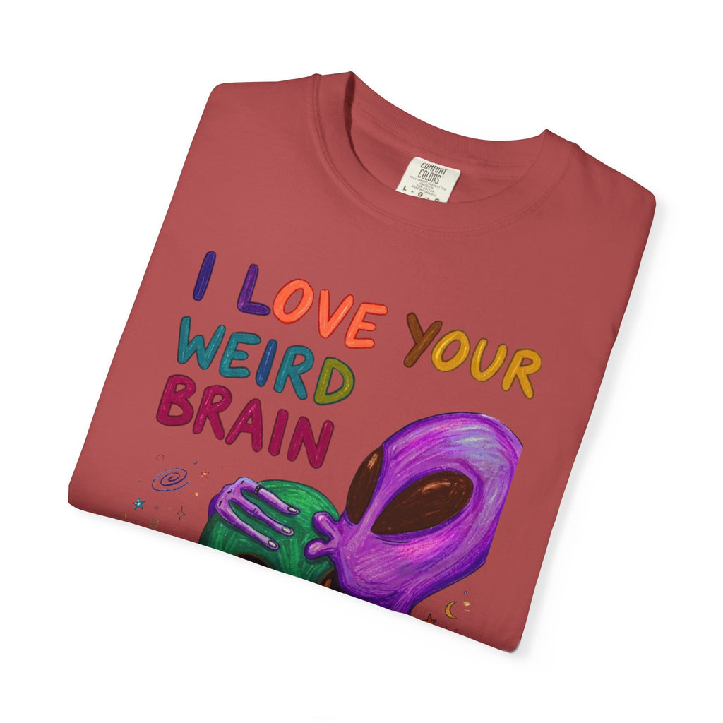 "I Love Your Weird Brain" Funny Alien Couple T-Shirt — Cute Retro Space Graphic Tee