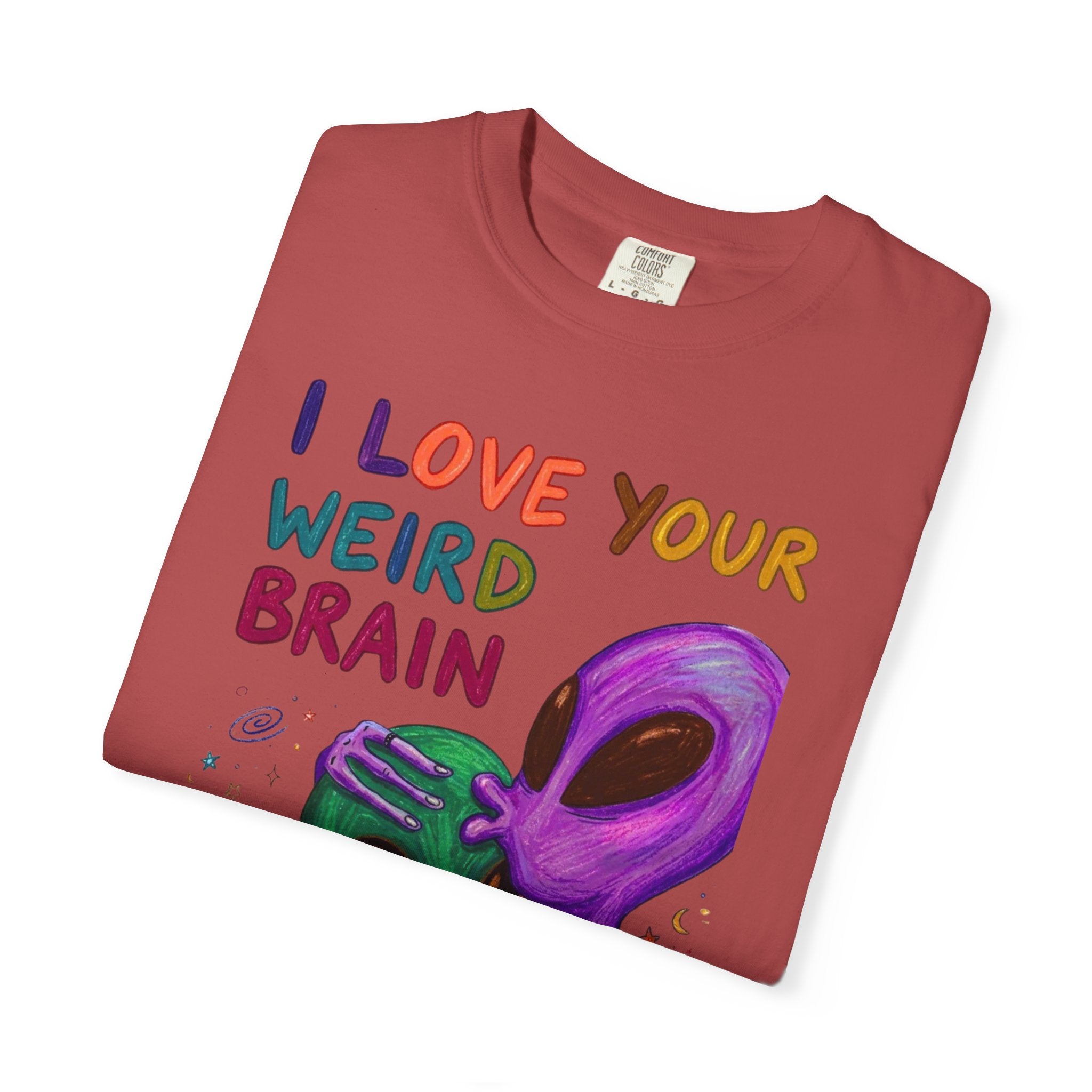 "I Love Your Weird Brain" Funny Alien Couple T-Shirt — Cute Retro Space Graphic Tee