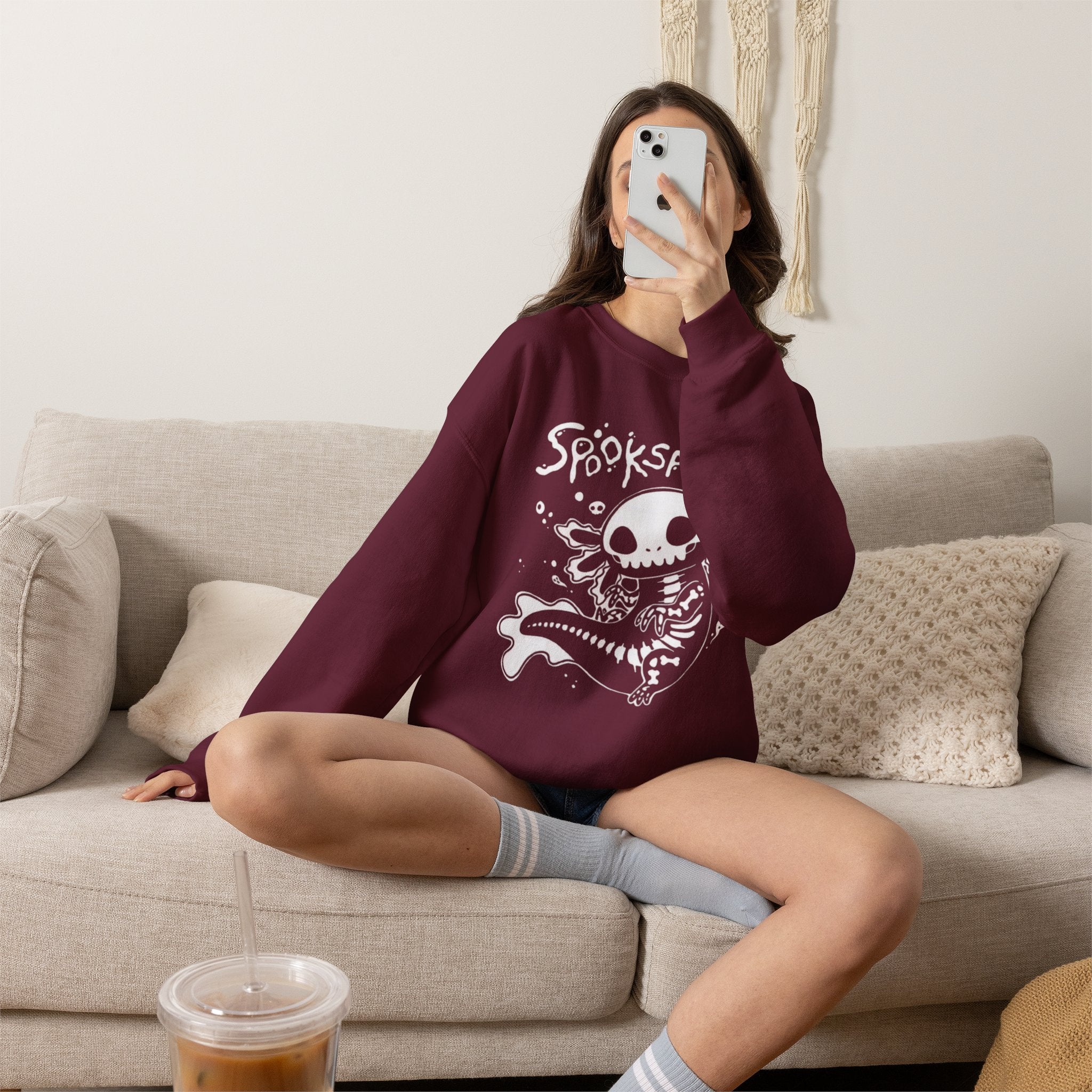 Spooksalotl Axolotl Skeleton Sweatshirt — Cute Spooky Gothic Crewneck