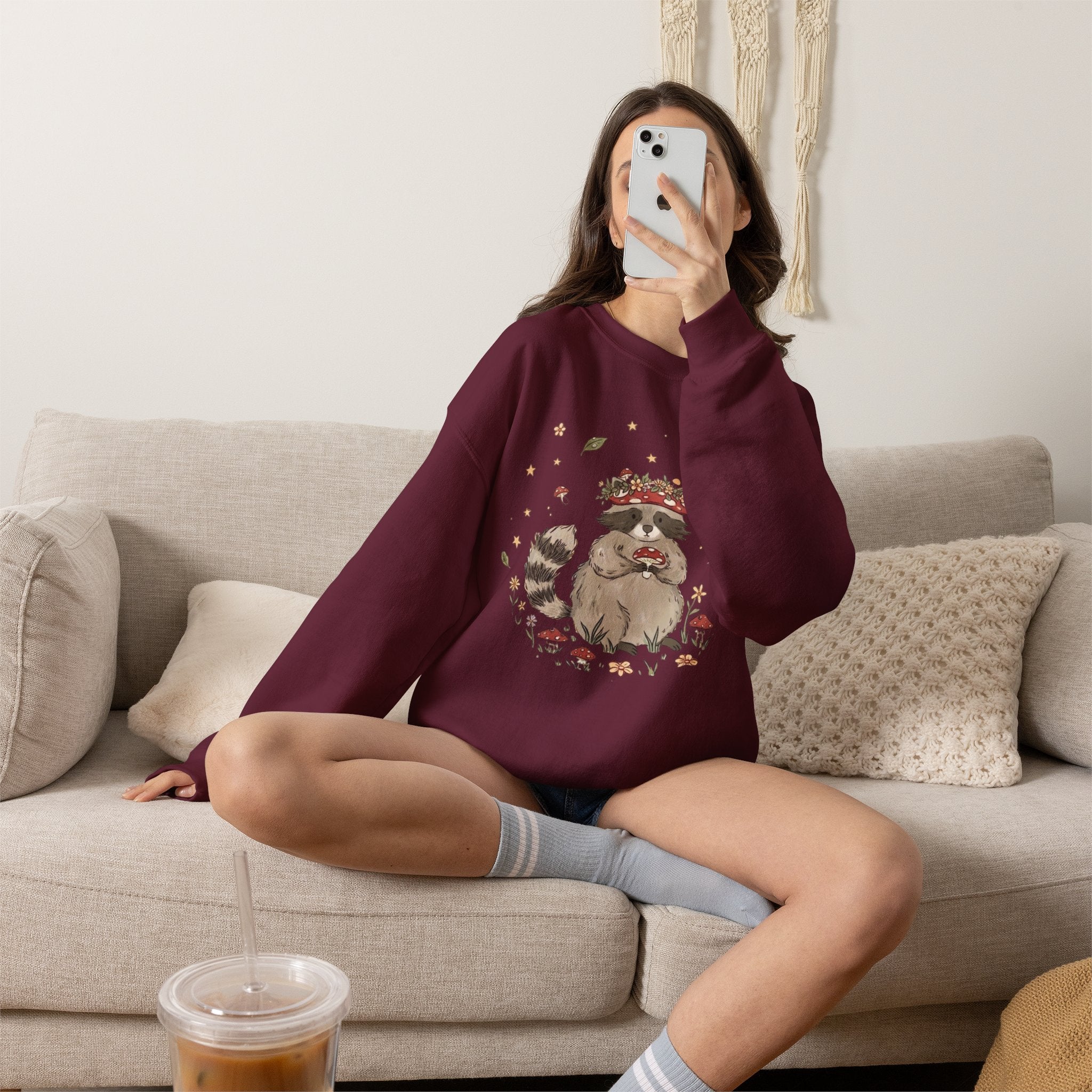Cute Raccoon with Mushroom Crown Sweatshirt - Cottagecore Forest Animal Tee