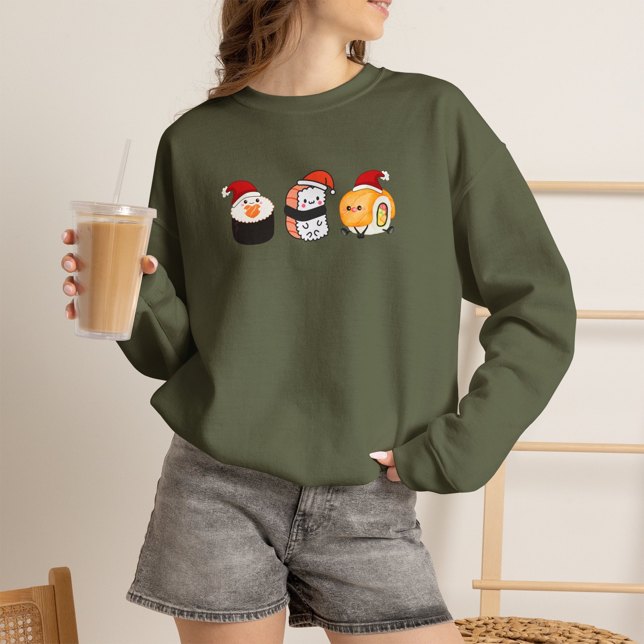 Holiday Sushi Crewneck Sweatshirt — Cute Santa Sushi Trio Christmas Sweatshirt