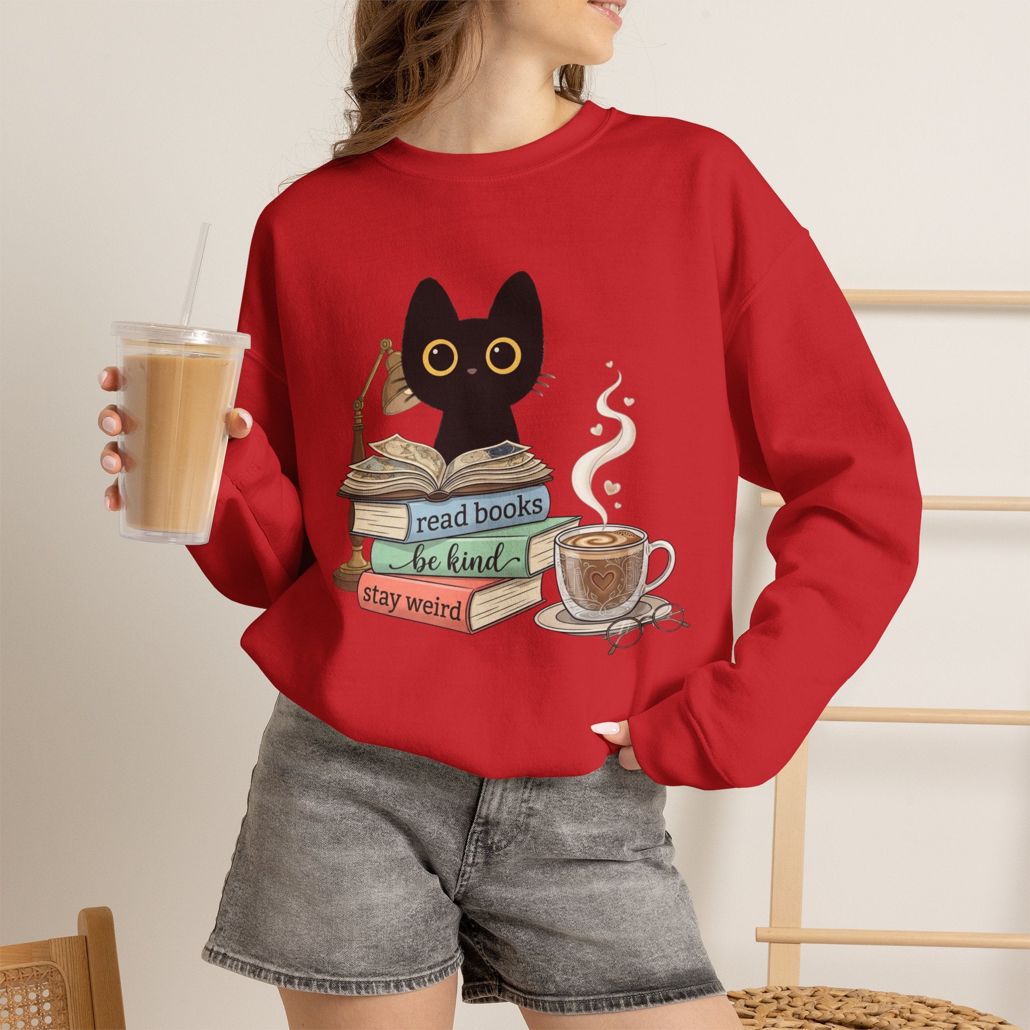 Cat & Books Crewneck — "Read Books, Be Kind, Stay Weird" Cozy Booklover Sweatshirt