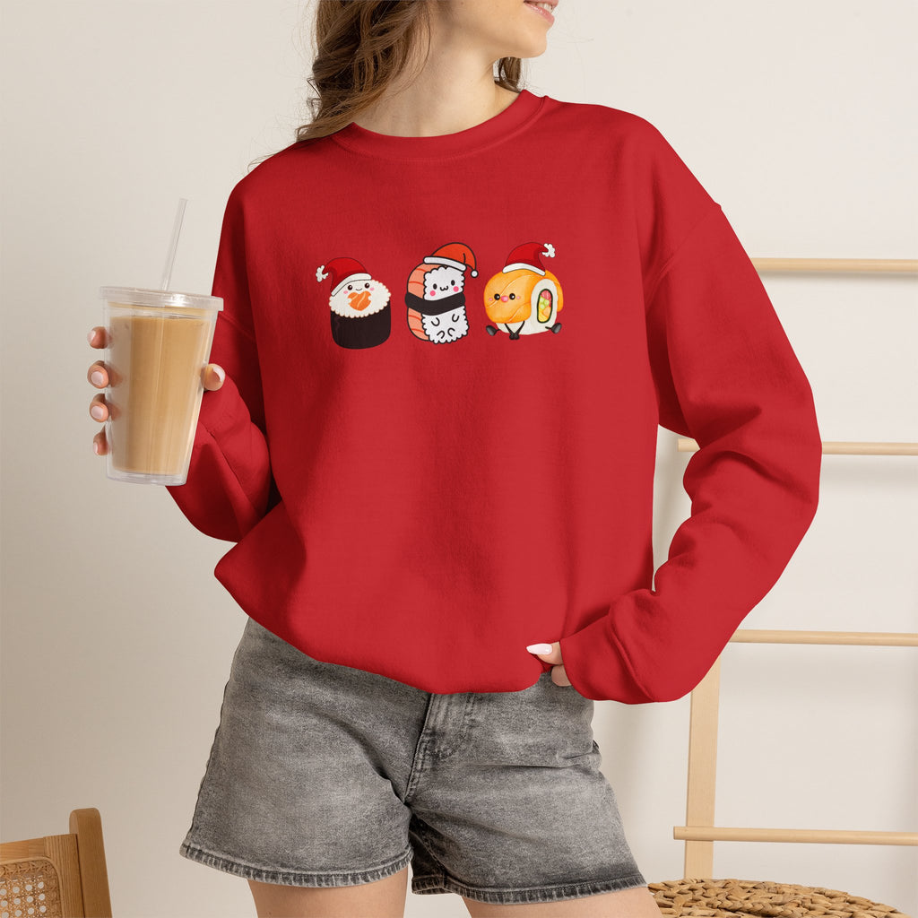 Holiday Sushi Crewneck Sweatshirt — Cute Santa Sushi Trio Christmas Sweatshirt