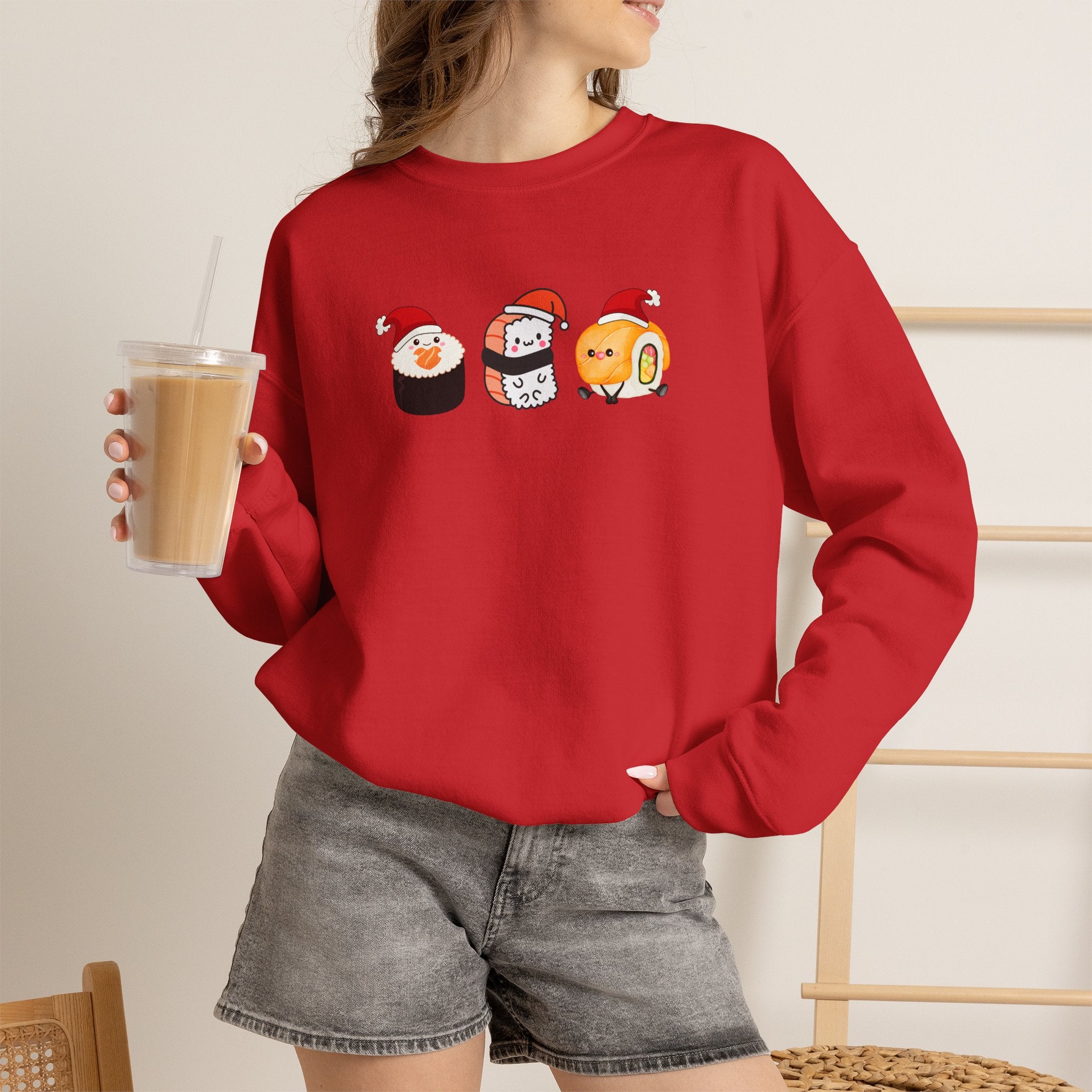 Holiday Sushi Crewneck Sweatshirt — Cute Santa Sushi Trio Christmas Sweatshirt