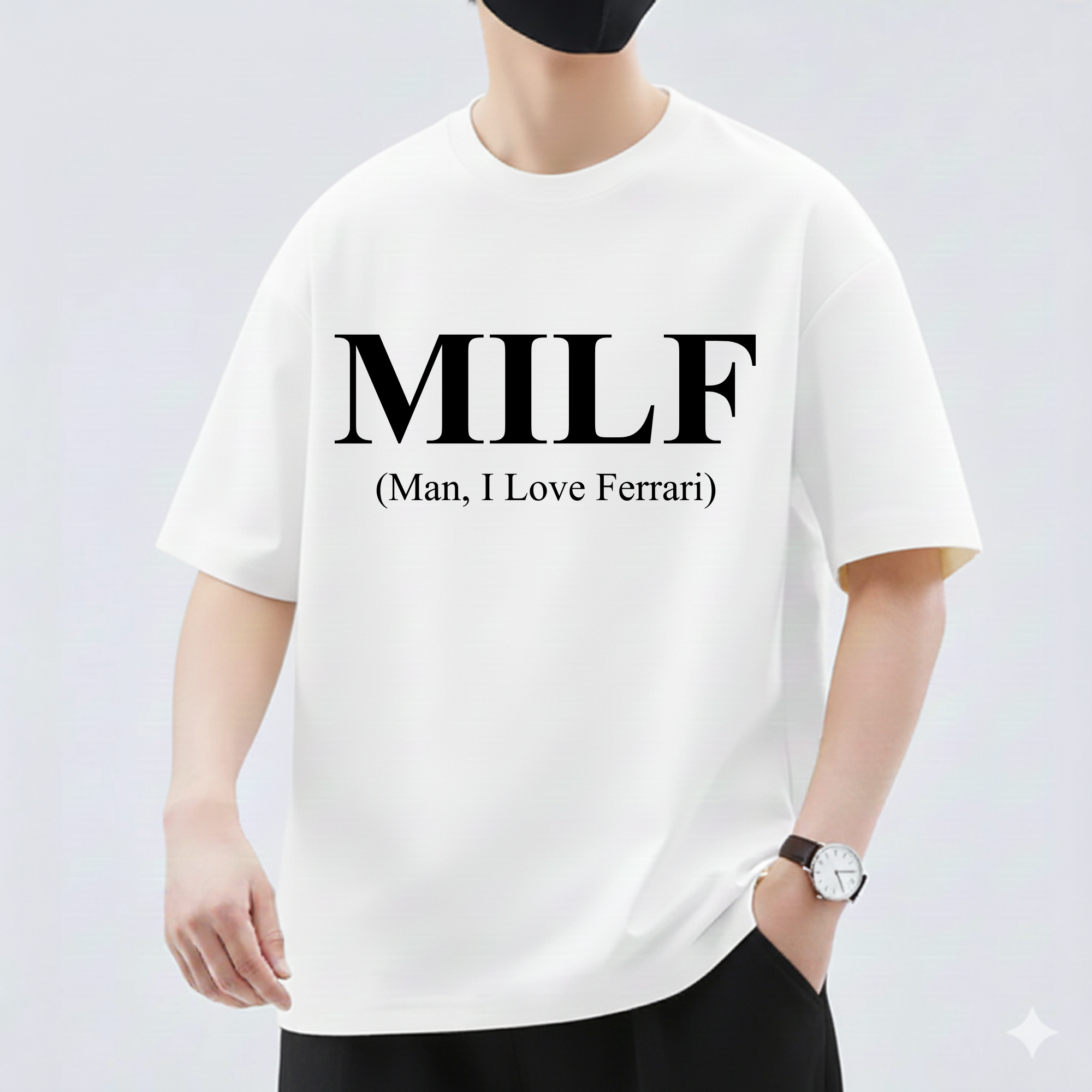 MILF Joke T-Shirt, "Man I Love Ferrari" Edgy Word Art Tee, Streetwear Graphic Shirt for Trolls, Funny Humor Top, Funny Quote Shirt