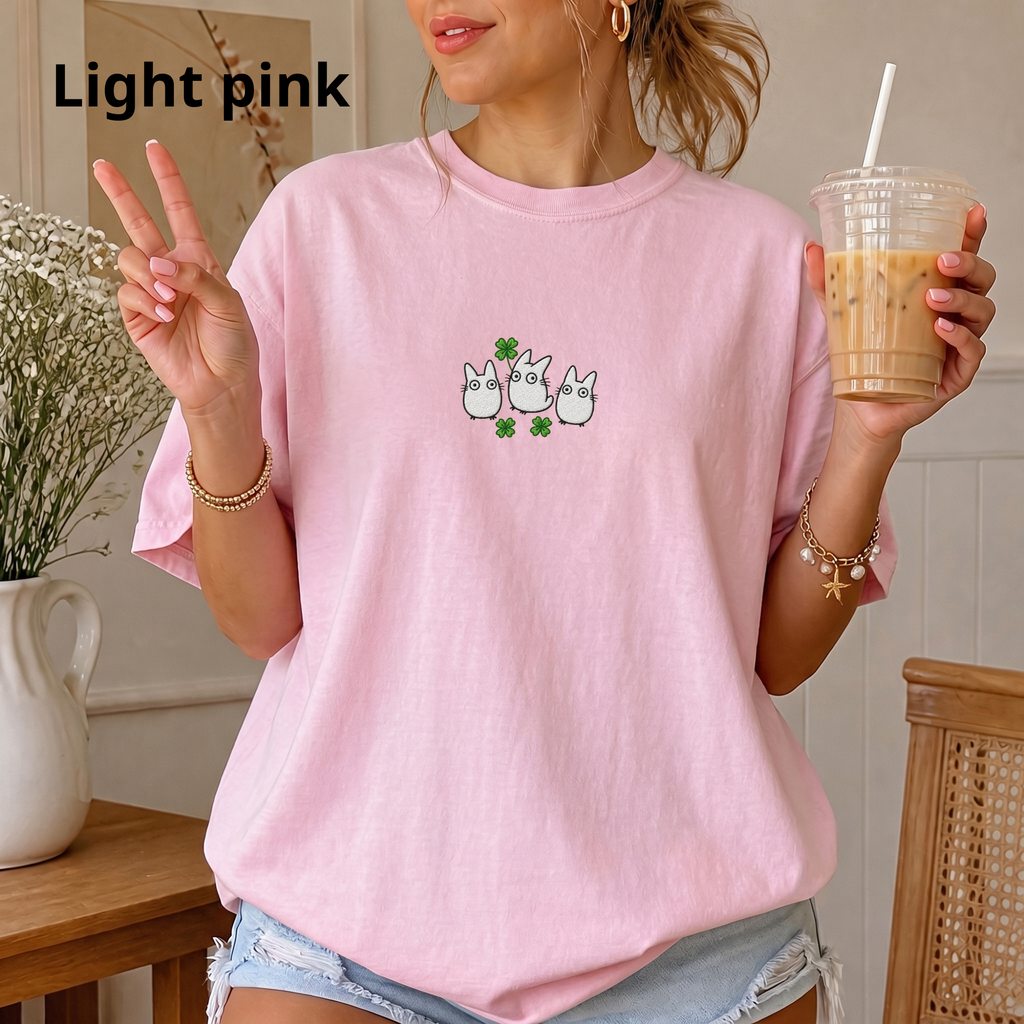 Lucky Forest Spirit Embroidered Illustration Four Leaf Clover T-Shirt | Nature Spirit Art