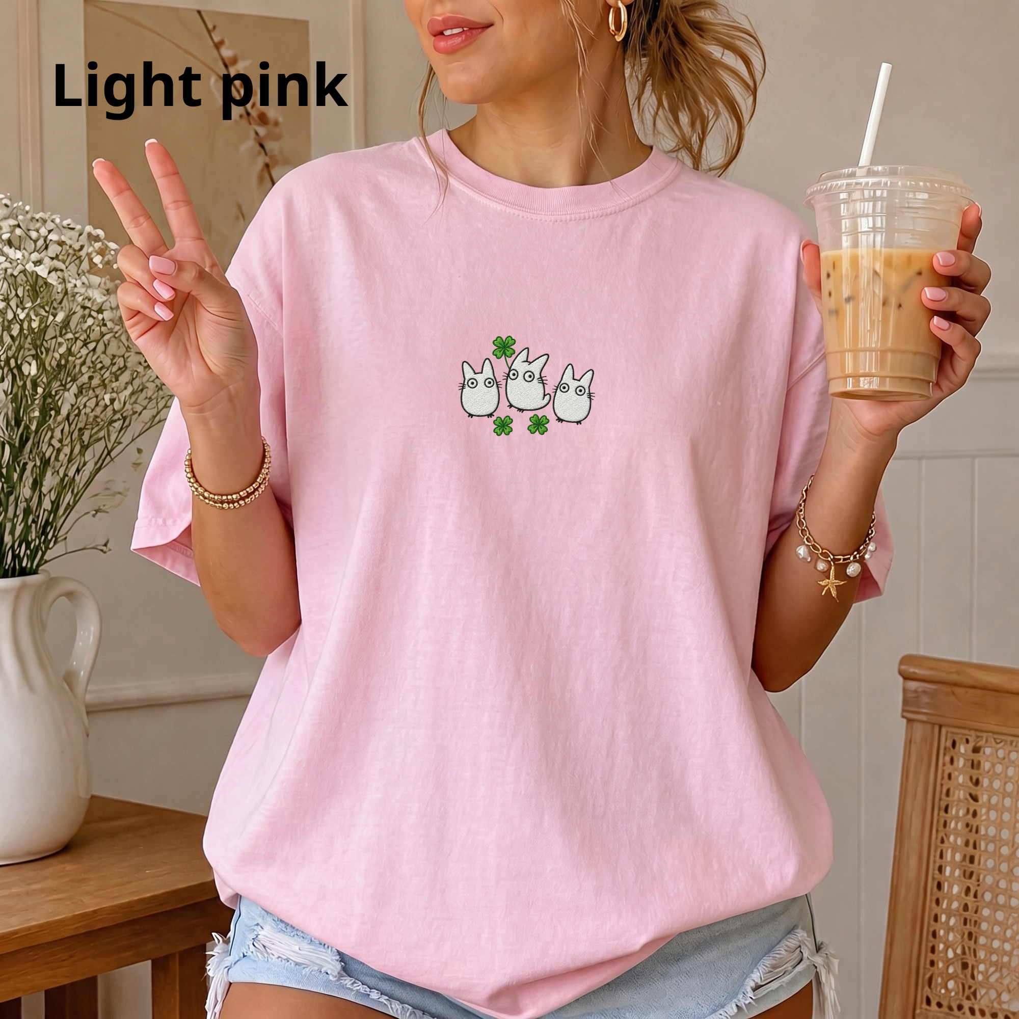 Lucky Forest Spirit Embroidered Illustration Four Leaf Clover T-Shirt | Nature Spirit Art