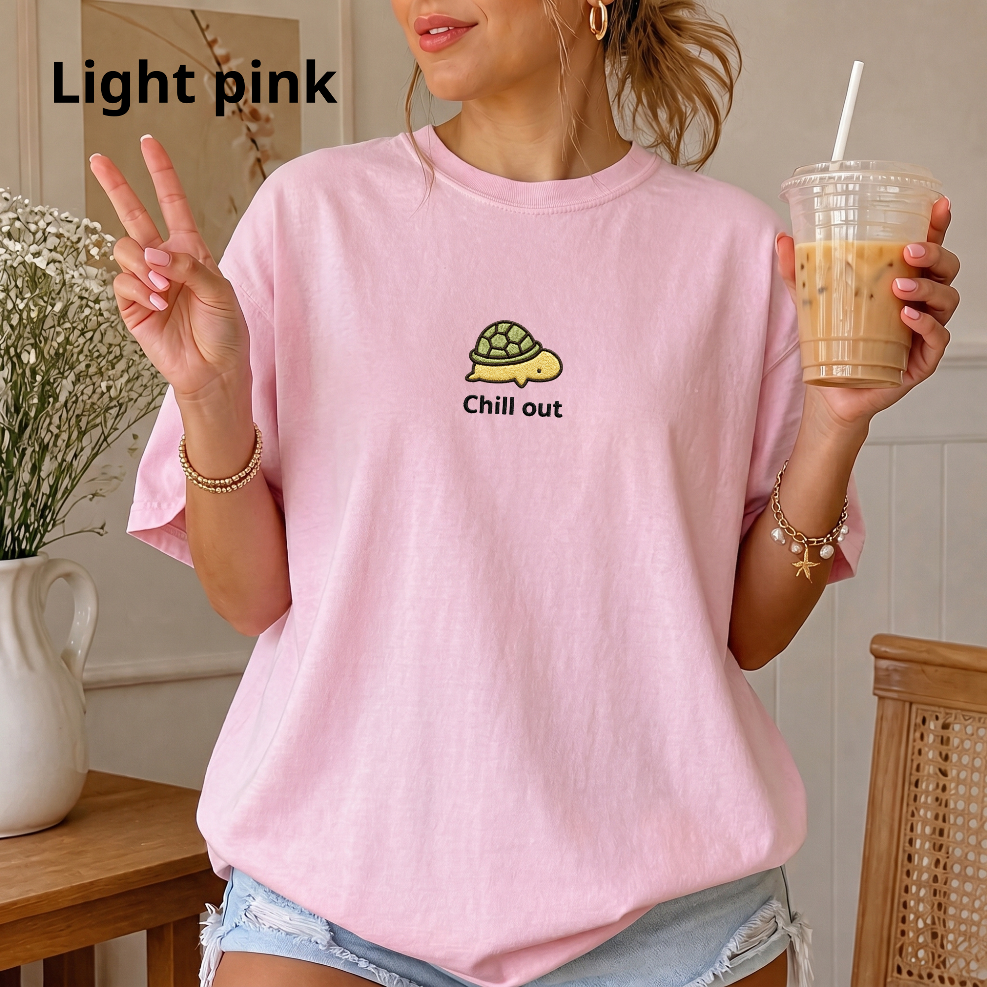 Embroidery Chill Out Turtle Shirt | Minimal Cute Turtle Graphic T-Shirt, sea theme, animal lover gift, ocean tee