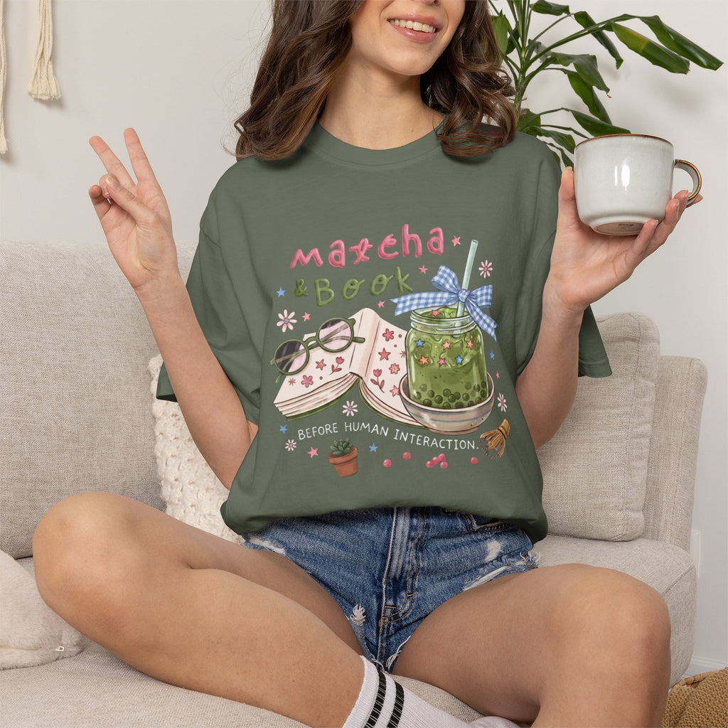 Bookworm Tee, Comfort Colors Reading Shirt, Cute Matcha Cup Shirt, Cozy Book Lover Gift
