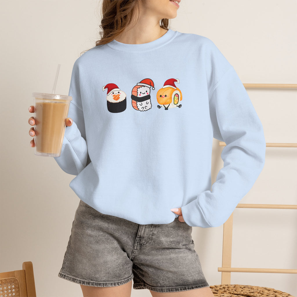 Holiday Sushi Crewneck Sweatshirt — Cute Santa Sushi Trio Christmas Sweatshirt