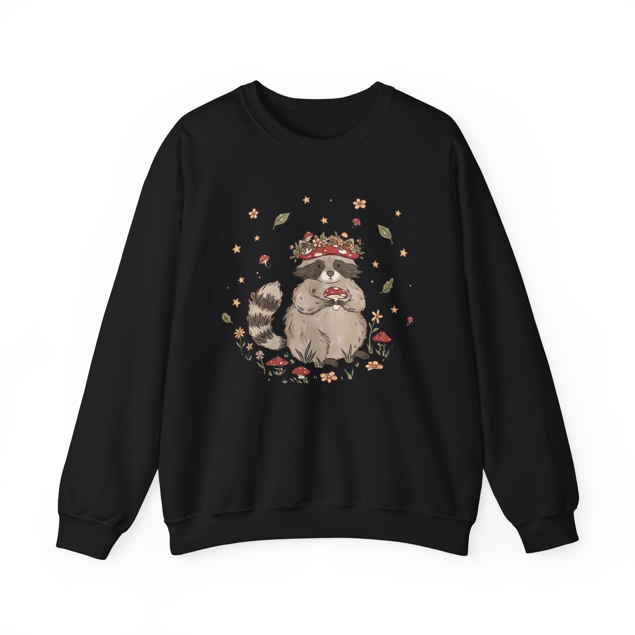 Cute Raccoon with Mushroom Crown Sweatshirt - Cottagecore Forest Animal Tee