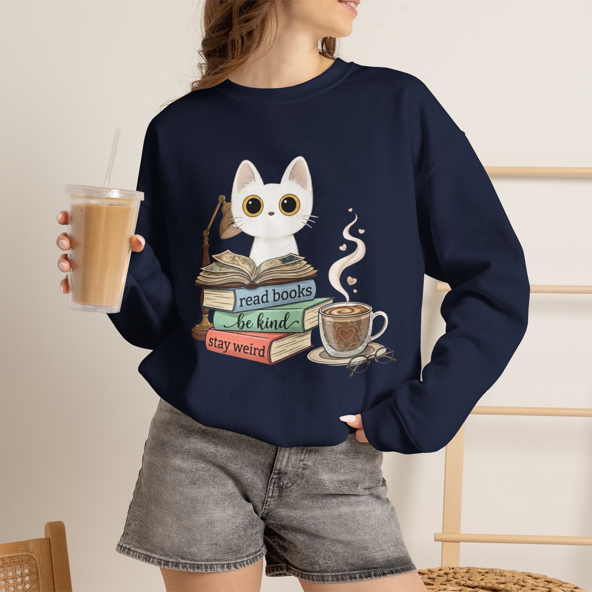 Cat & Books Crewneck — "Read Books, Be Kind, Stay Weird" Cozy Booklover Sweatshirt