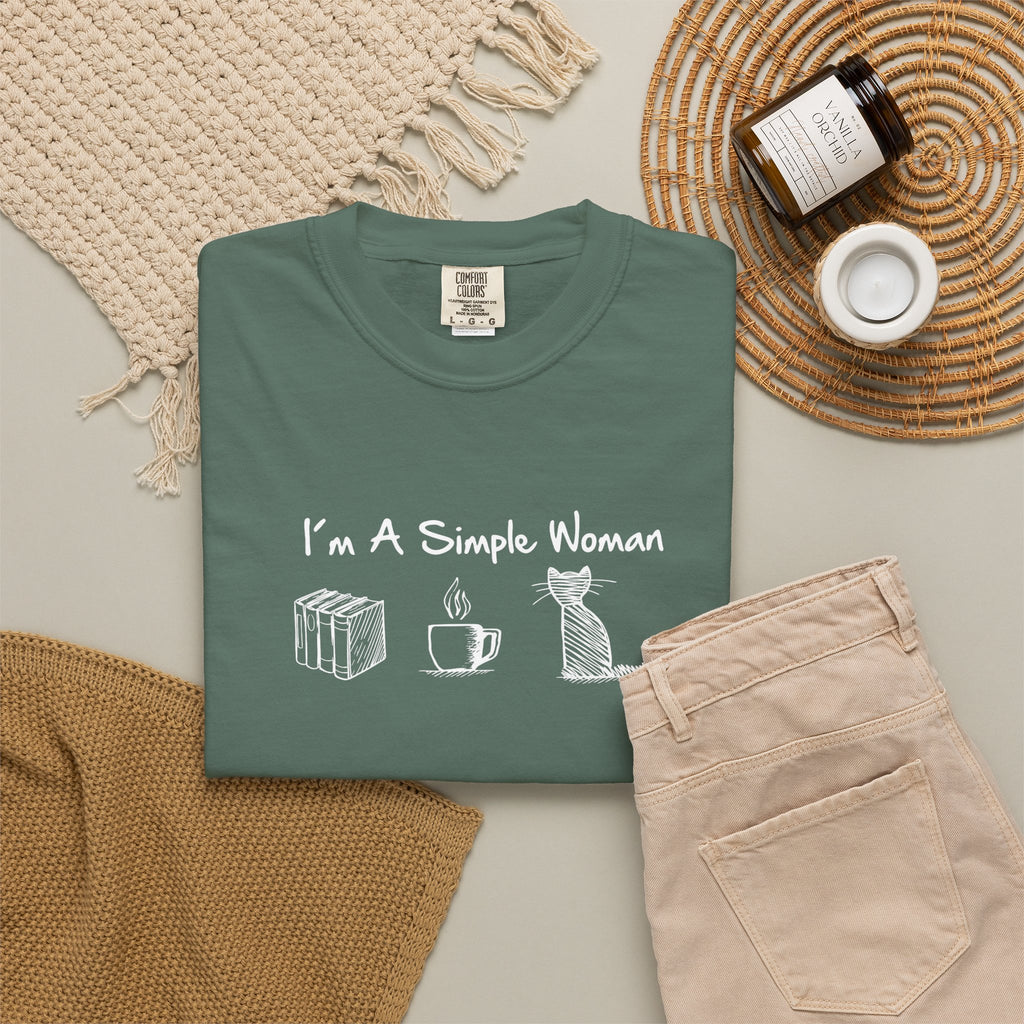 Funny Cat Mom T-Shirt, I'm A Simple Woman Tee, Coffee Cat and Books Graphic Apparel, Vintage Aesthetic Bookish Top