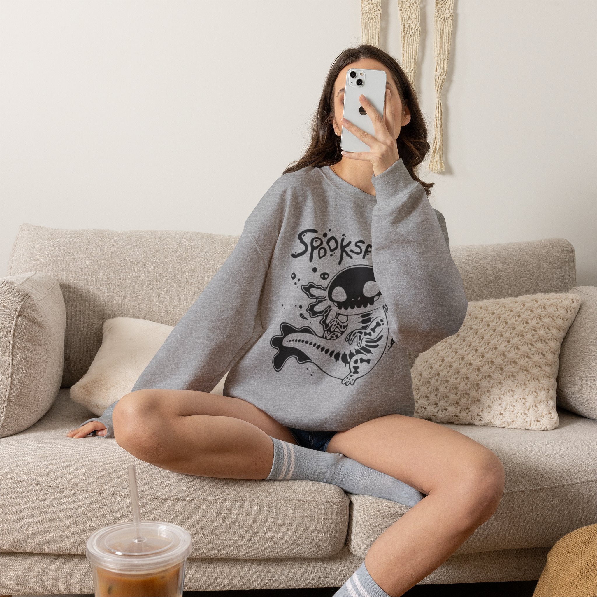 Spooksalotl Axolotl Skeleton Sweatshirt — Cute Spooky Gothic Crewneck