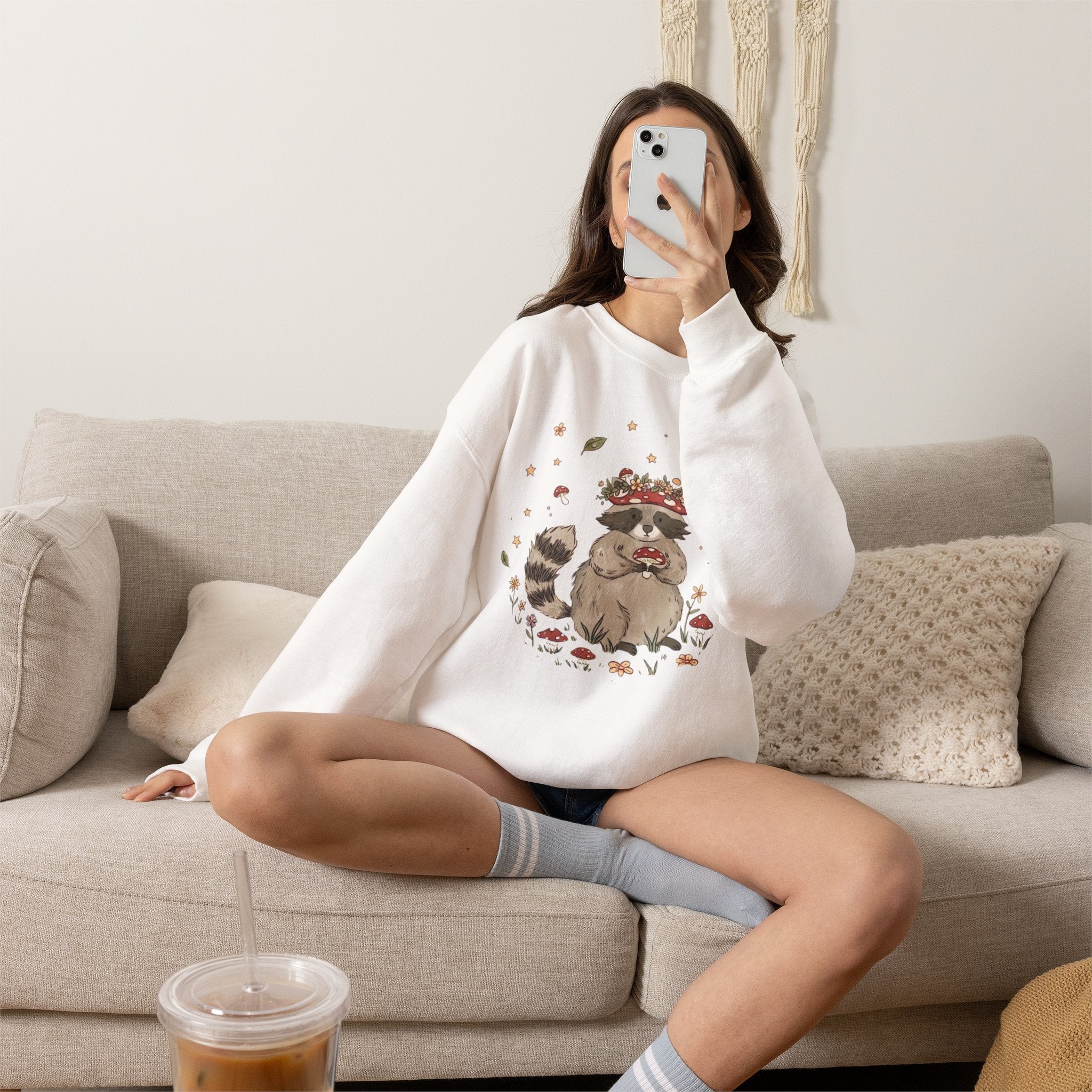 Cute Raccoon with Mushroom Crown Sweatshirt - Cottagecore Forest Animal Tee