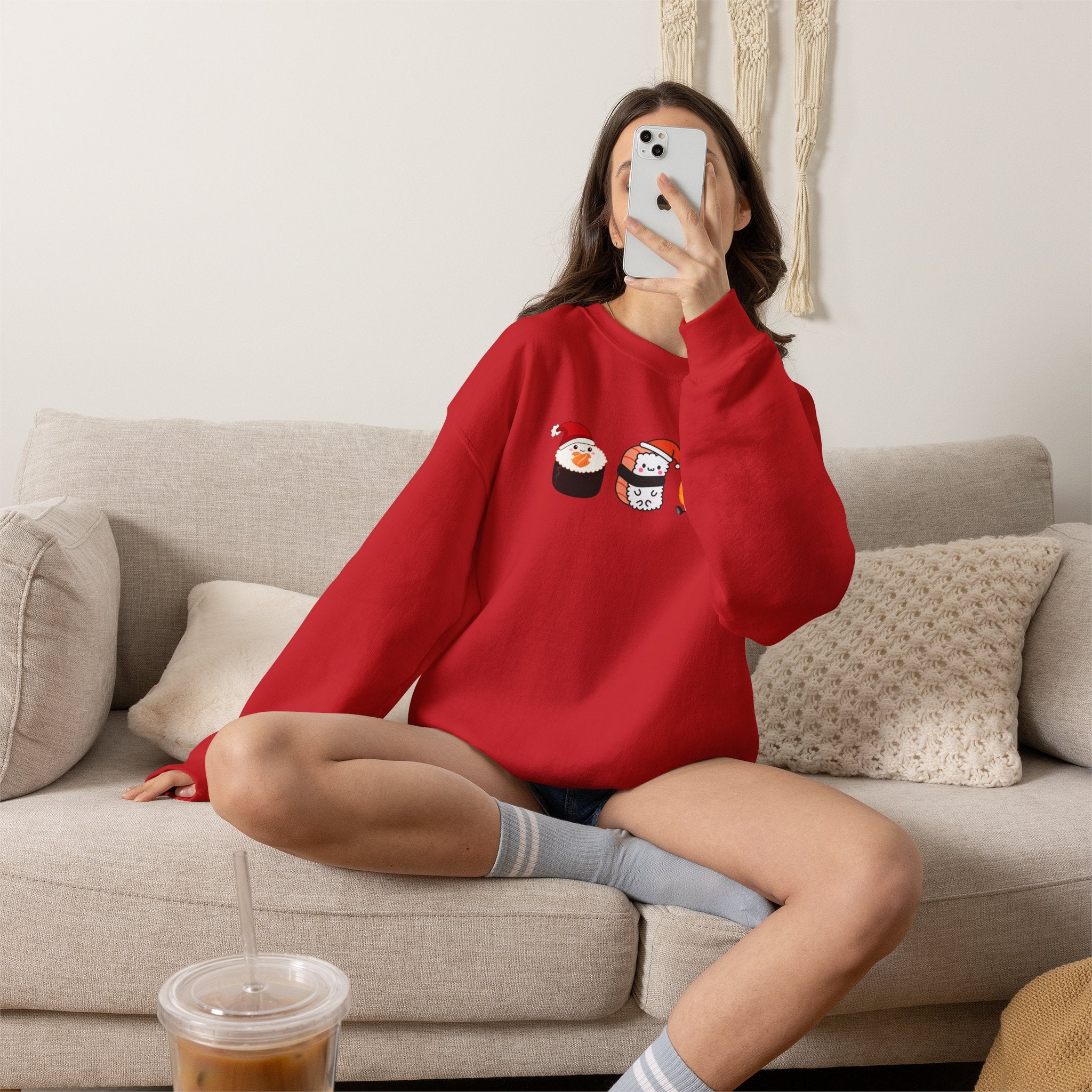 Holiday Sushi Crewneck Sweatshirt — Cute Santa Sushi Trio Christmas Sweatshirt