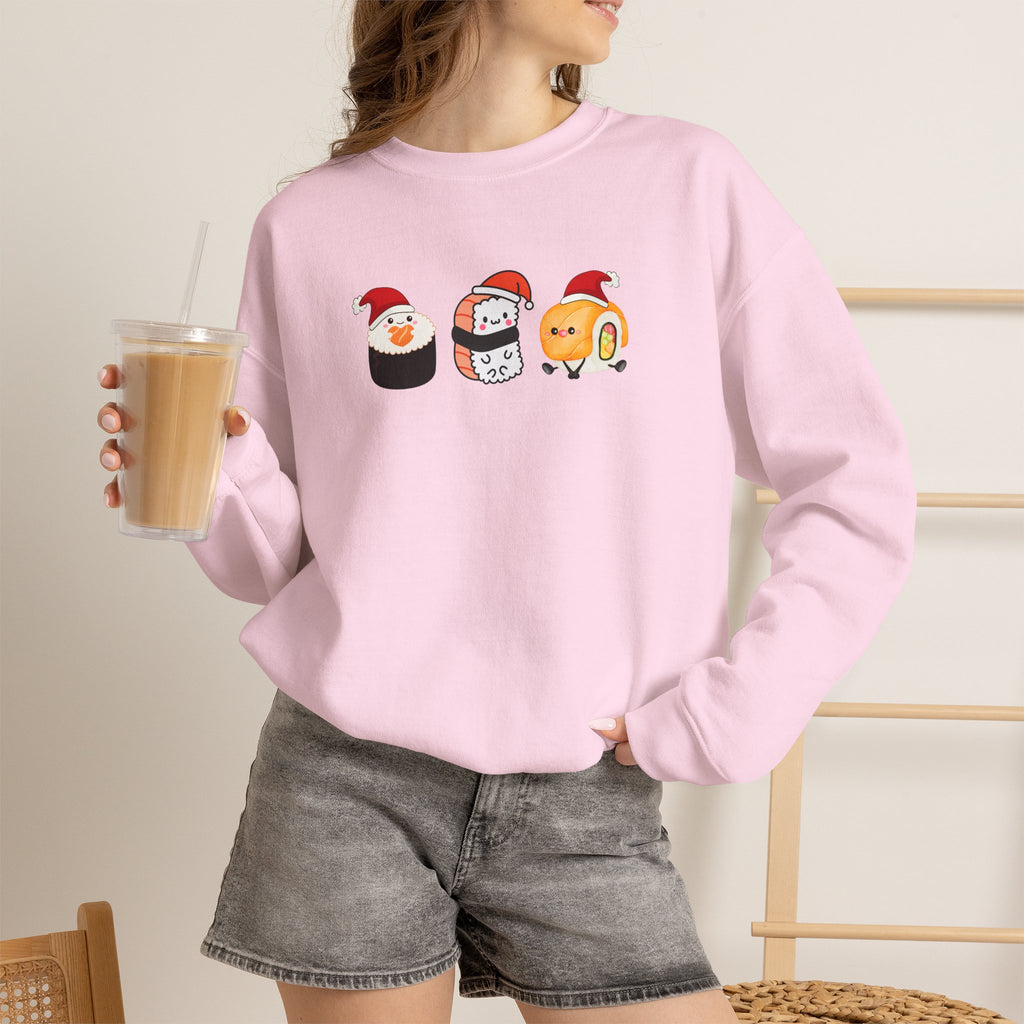 Holiday Sushi Crewneck Sweatshirt — Cute Santa Sushi Trio Christmas Sweatshirt