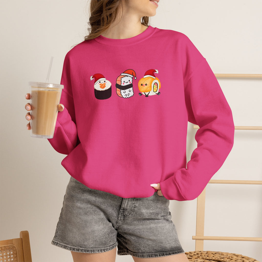 Holiday Sushi Crewneck Sweatshirt — Cute Santa Sushi Trio Christmas Sweatshirt