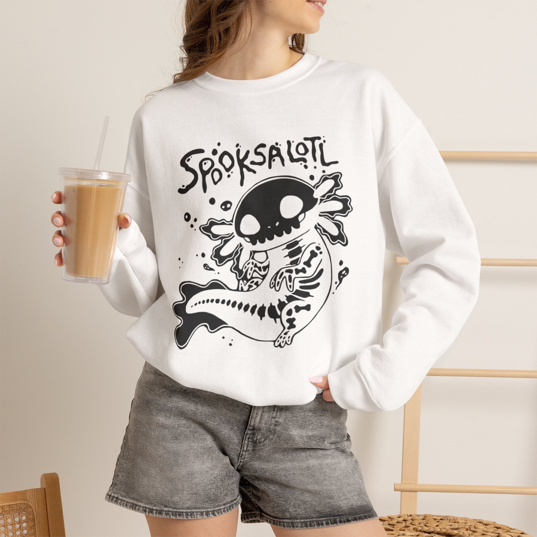 Spooksalotl Axolotl Skeleton Sweatshirt — Cute Spooky Gothic Crewneck