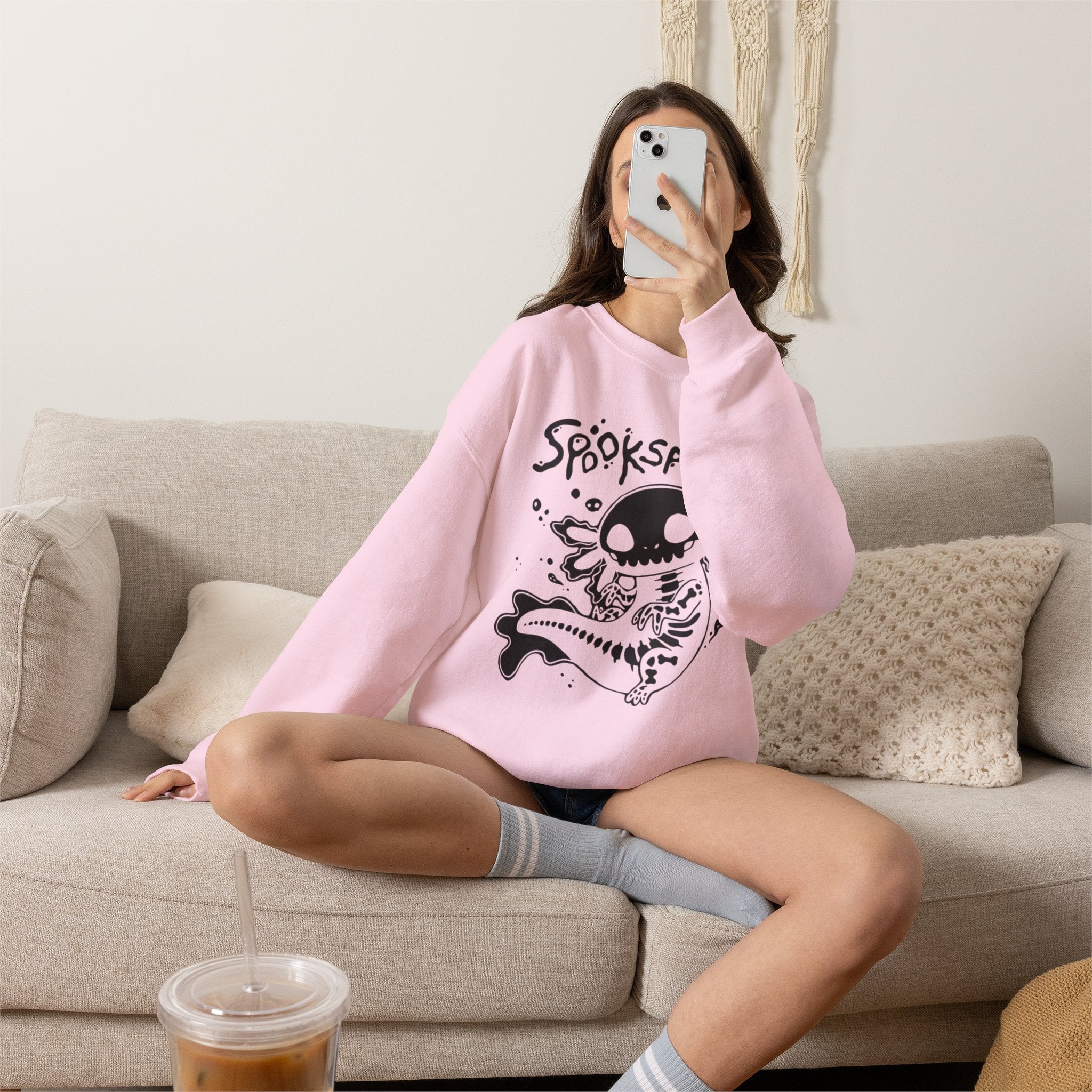 Spooksalotl Axolotl Skeleton Sweatshirt — Cute Spooky Gothic Crewneck