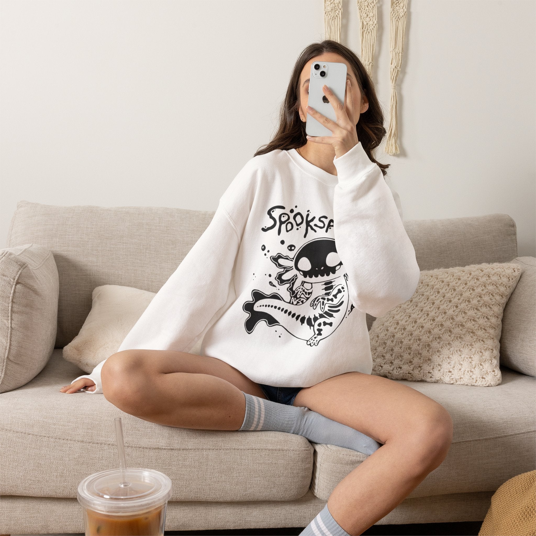 Spooksalotl Axolotl Skeleton Sweatshirt — Cute Spooky Gothic Crewneck