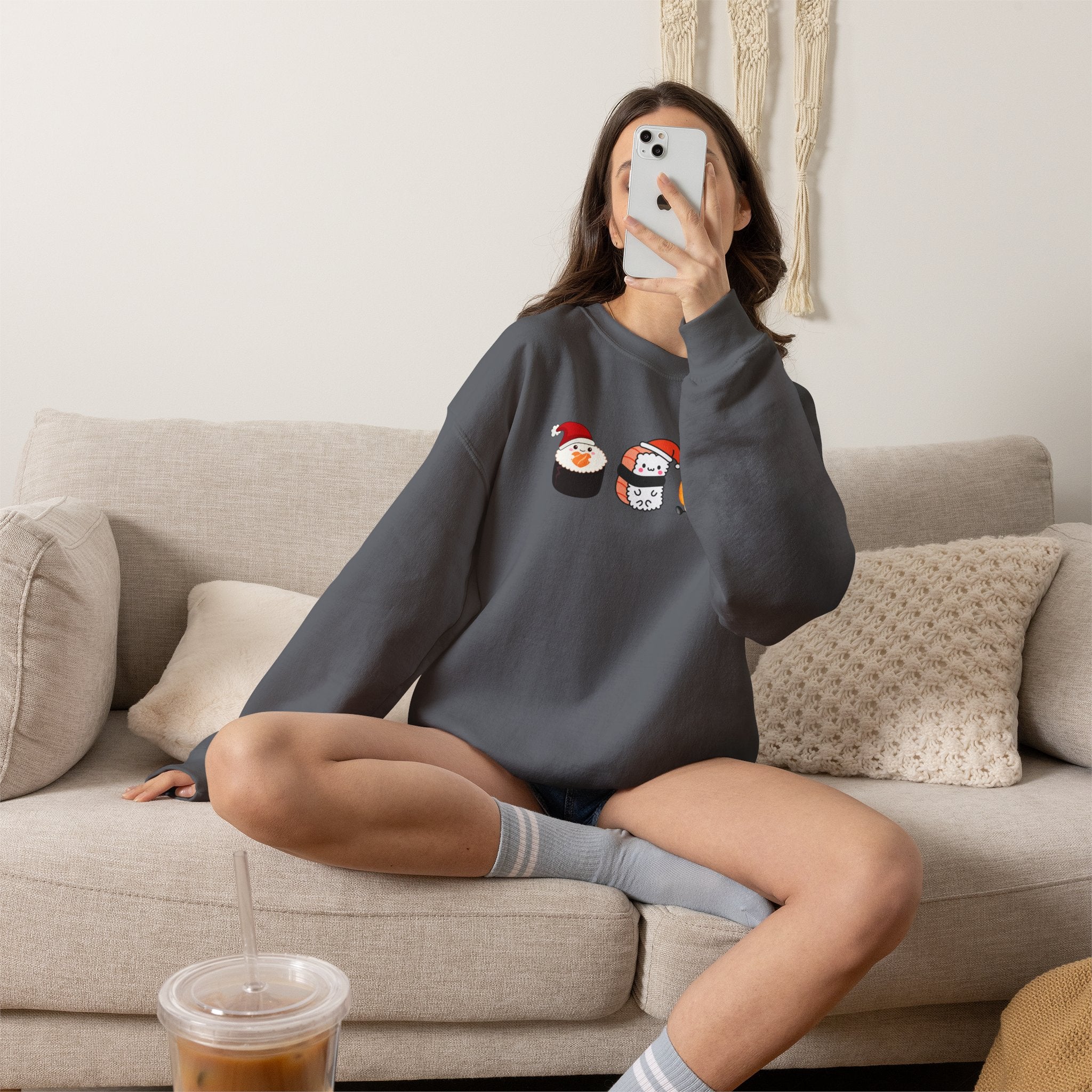 Holiday Sushi Crewneck Sweatshirt — Cute Santa Sushi Trio Christmas Sweatshirt