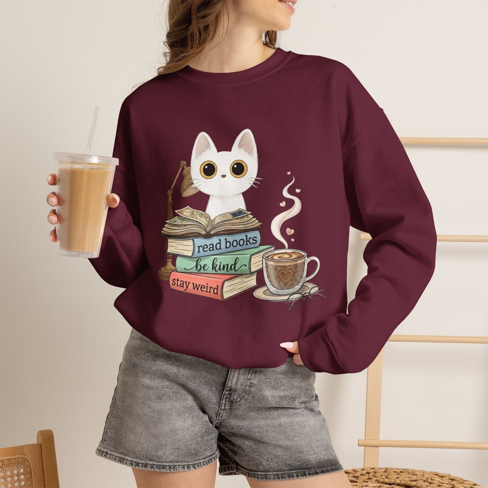 Cat & Books Crewneck — "Read Books, Be Kind, Stay Weird" Cozy Booklover Sweatshirt