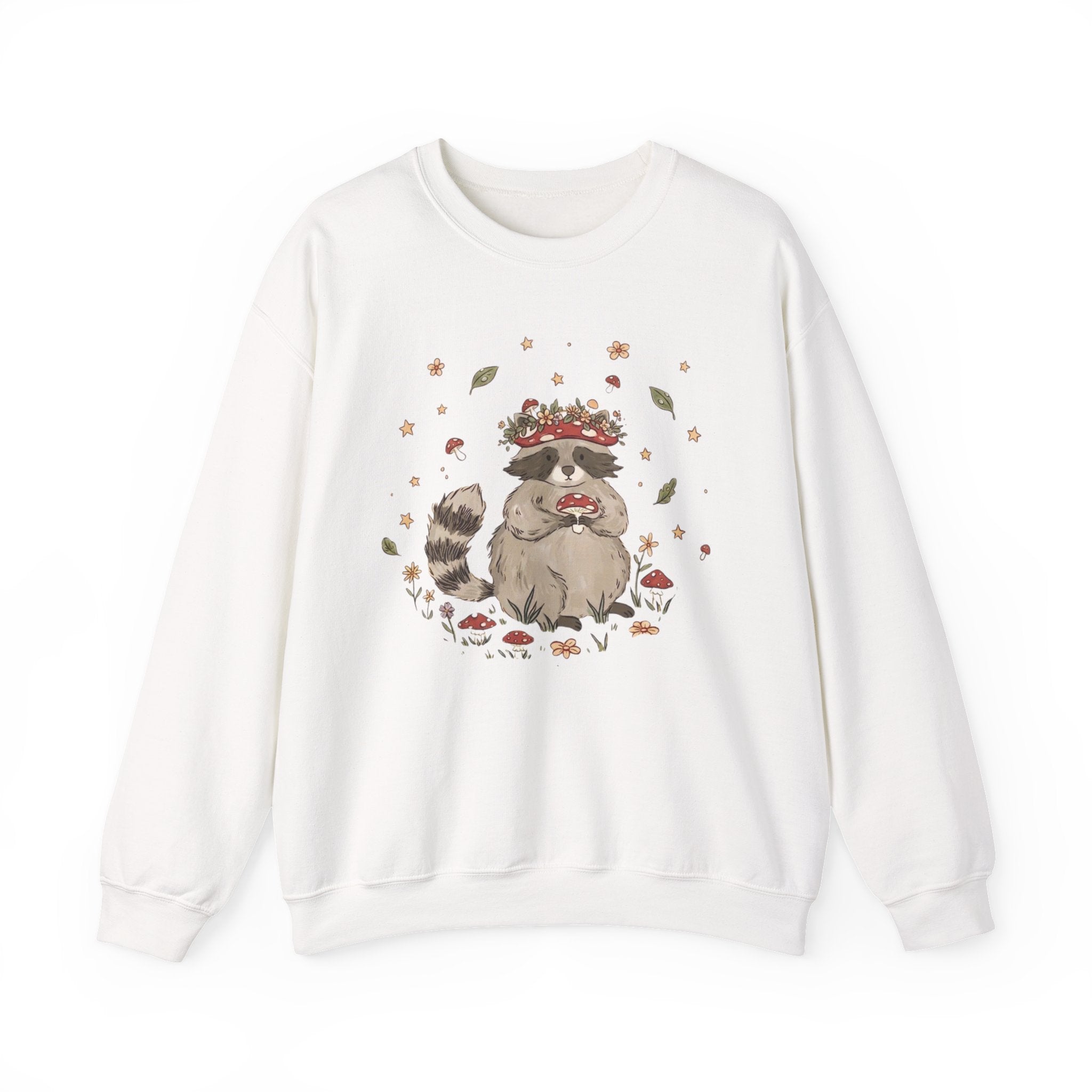 Cute Raccoon with Mushroom Crown Sweatshirt - Cottagecore Forest Animal Tee
