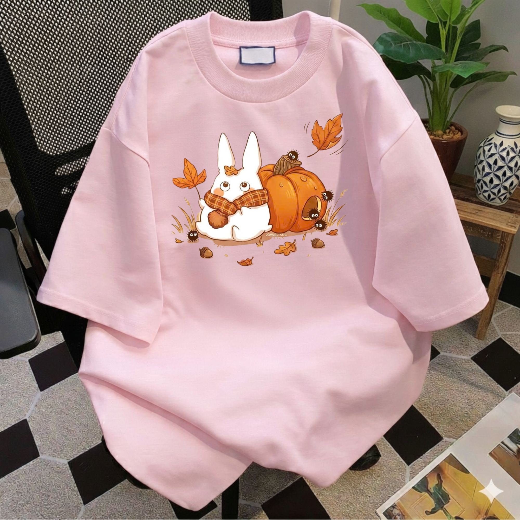 Studio Ghibli Autumn T-Shirt, Cute White Rabbit and Soot Sprites Tee, Spooky Season Pumpkin Shirt, Comfort Colors® Fall Apparel