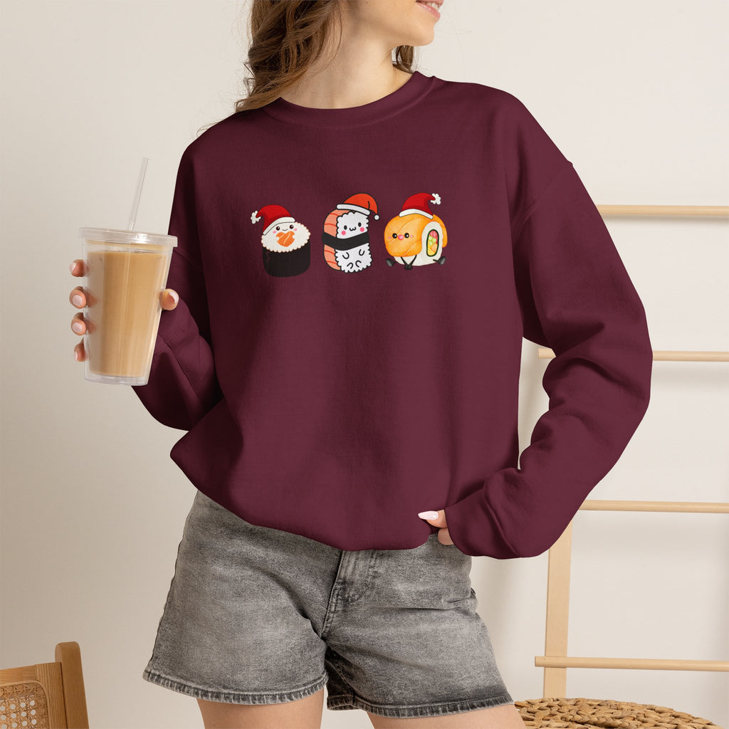 Holiday Sushi Crewneck Sweatshirt — Cute Santa Sushi Trio Christmas Sweatshirt