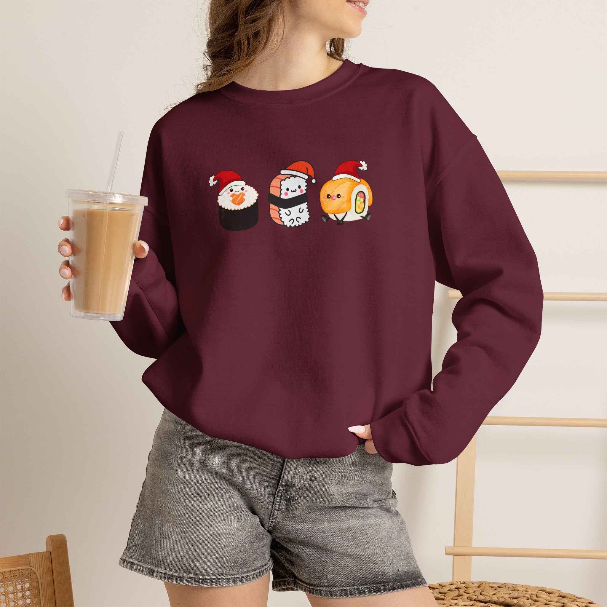 Holiday Sushi Crewneck Sweatshirt — Cute Santa Sushi Trio Christmas Sweatshirt