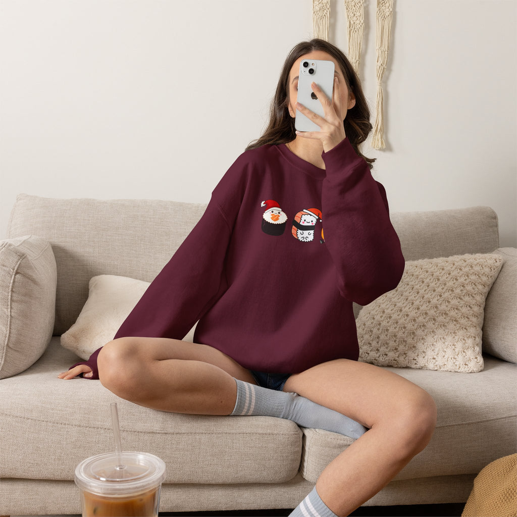 Holiday Sushi Crewneck Sweatshirt — Cute Santa Sushi Trio Christmas Sweatshirt