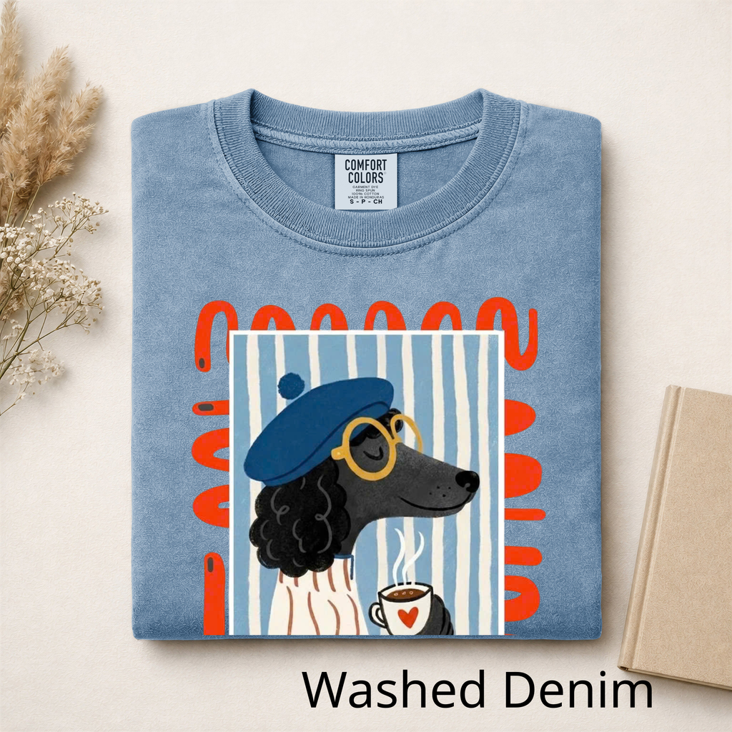 French Poodle Drinking Coffee T-Shirt, Artsy Dog Graphic Tee, Cute French Beret Animal Shirt, Casual Cotton Tee