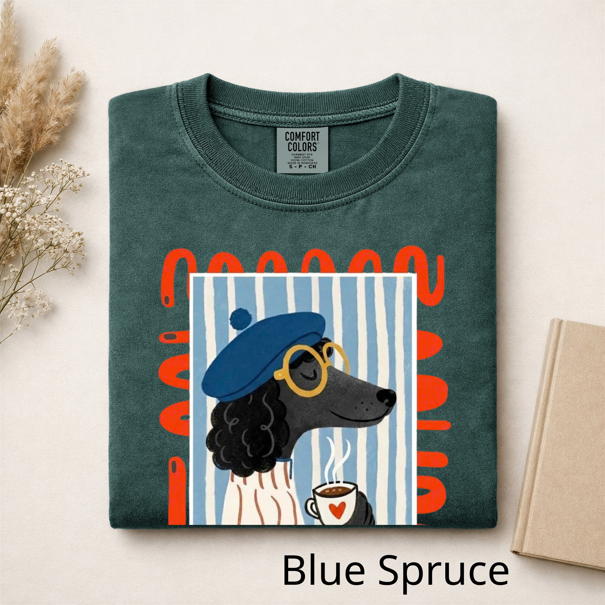 French Poodle Drinking Coffee T-Shirt, Artsy Dog Graphic Tee, Cute French Beret Animal Shirt, Casual Cotton Tee