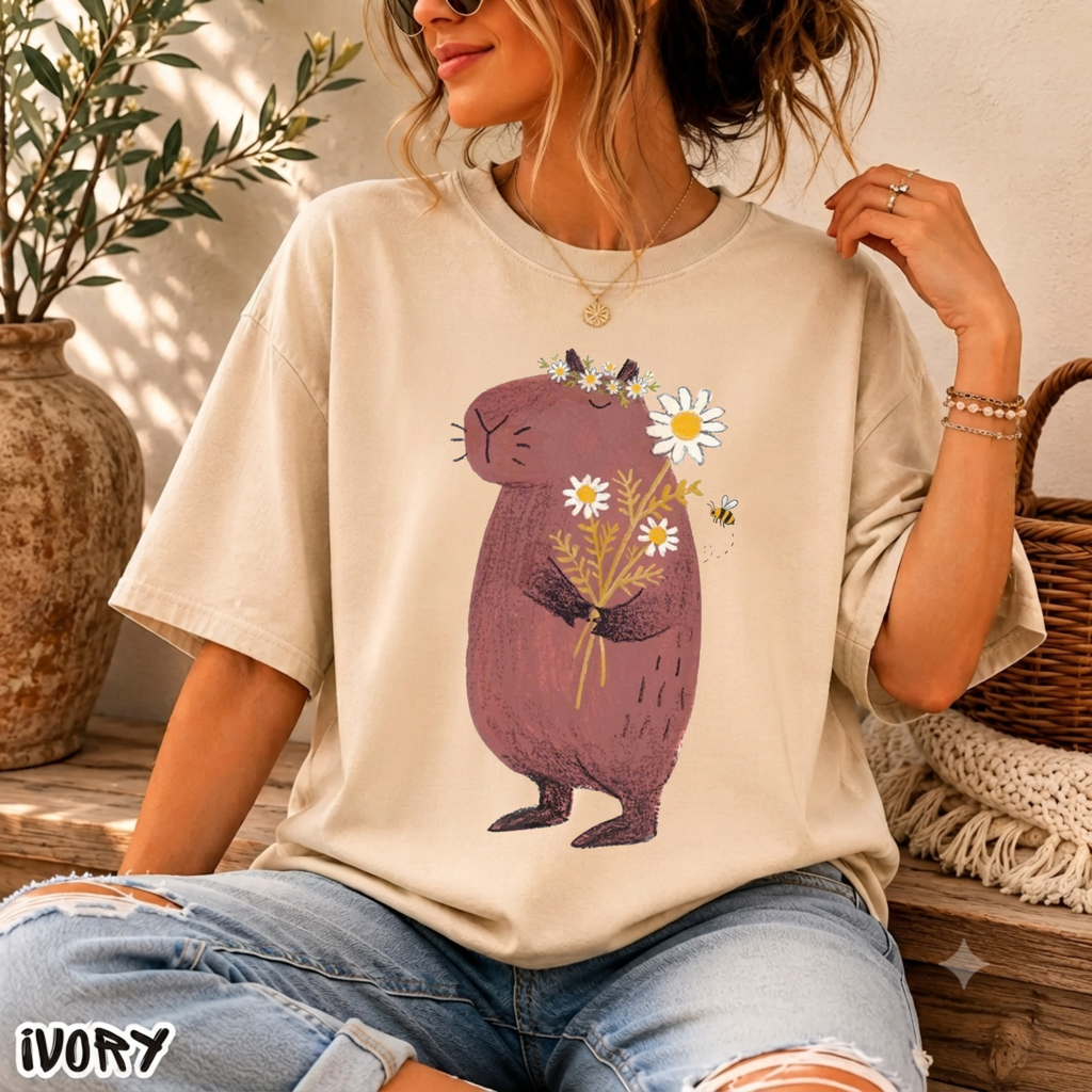 Comfort Color Cute Capybara with Daisy Bouquet Graphic T-Shirt - Unisex Cotton Tee